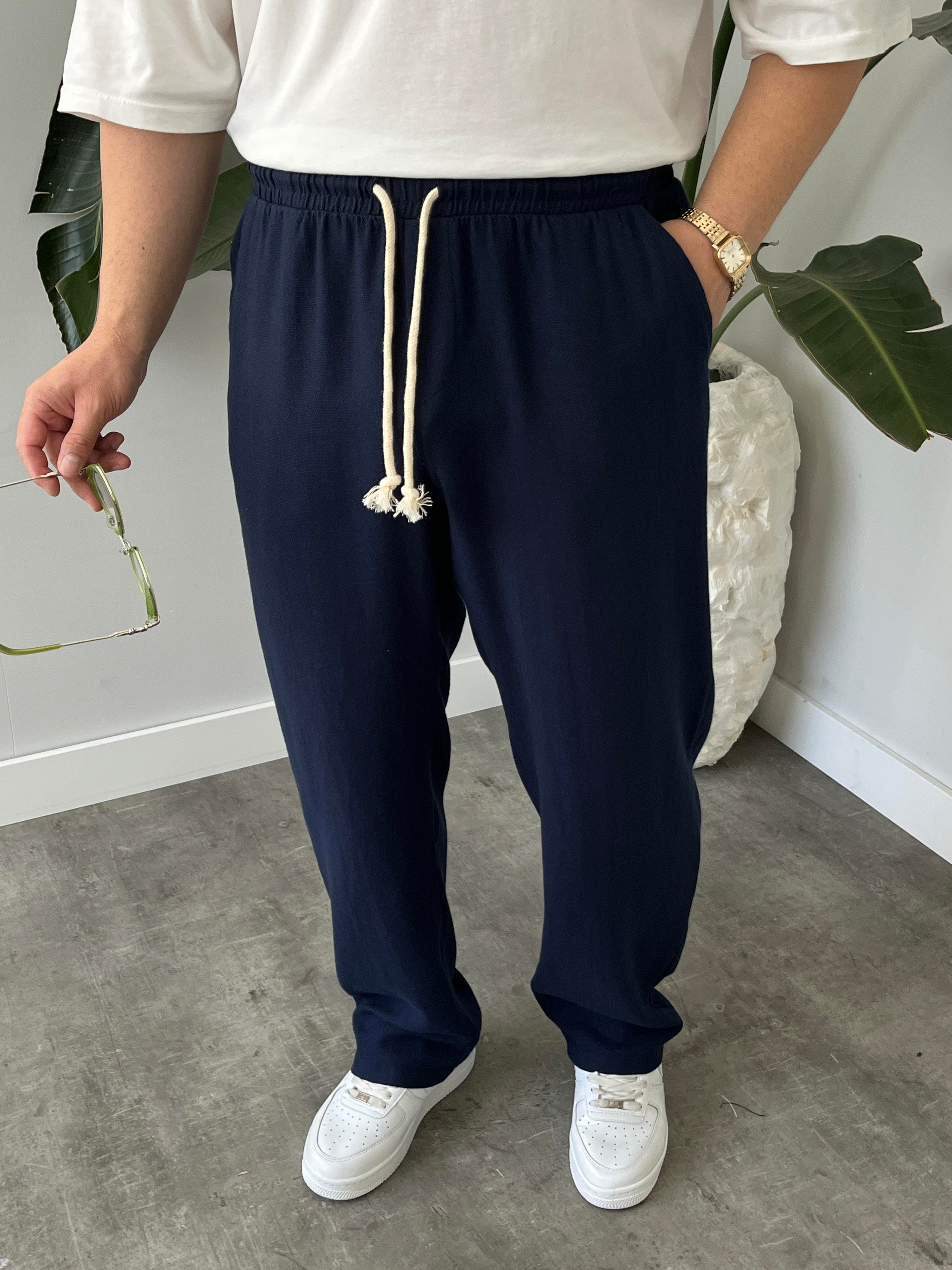 Lacivert Burgu Bağcık Detaylı Pamuk Keten Relax Fit Pantolon