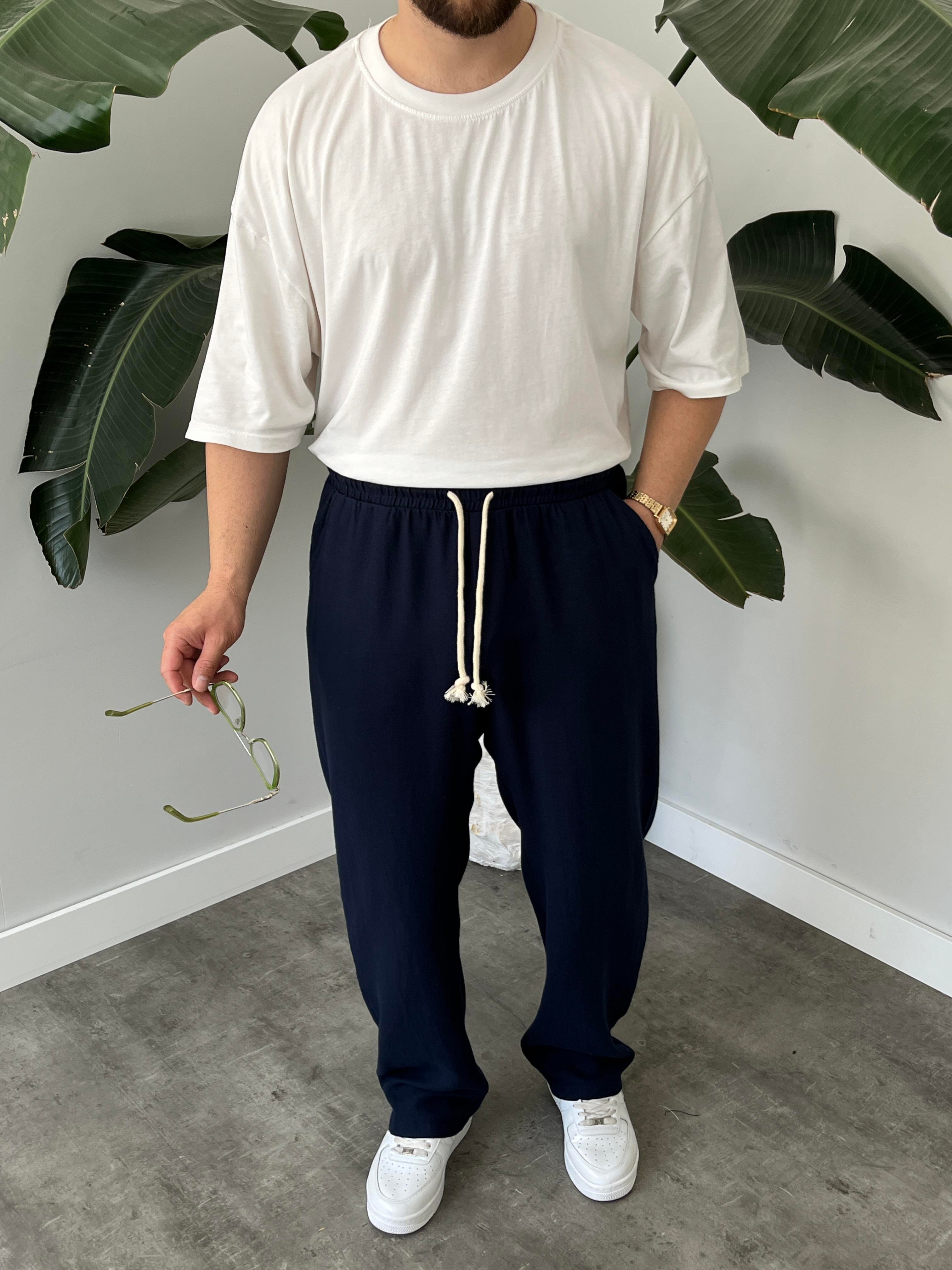 Lacivert Burgu Bağcık Detaylı Pamuk Keten Relax Fit Pantolon