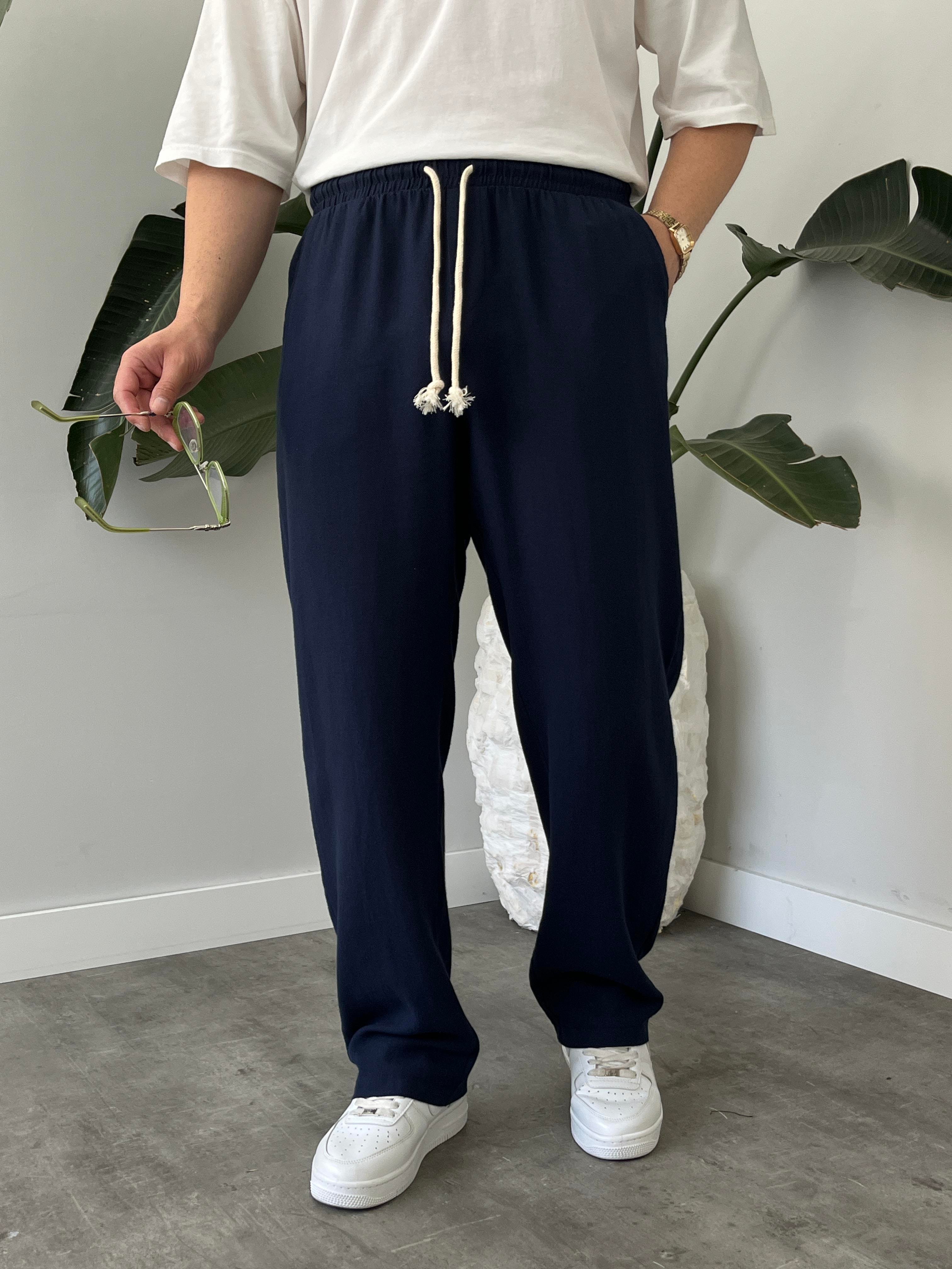 Lacivert Burgu Bağcık Detaylı Pamuk Keten Relax Fit Pantolon