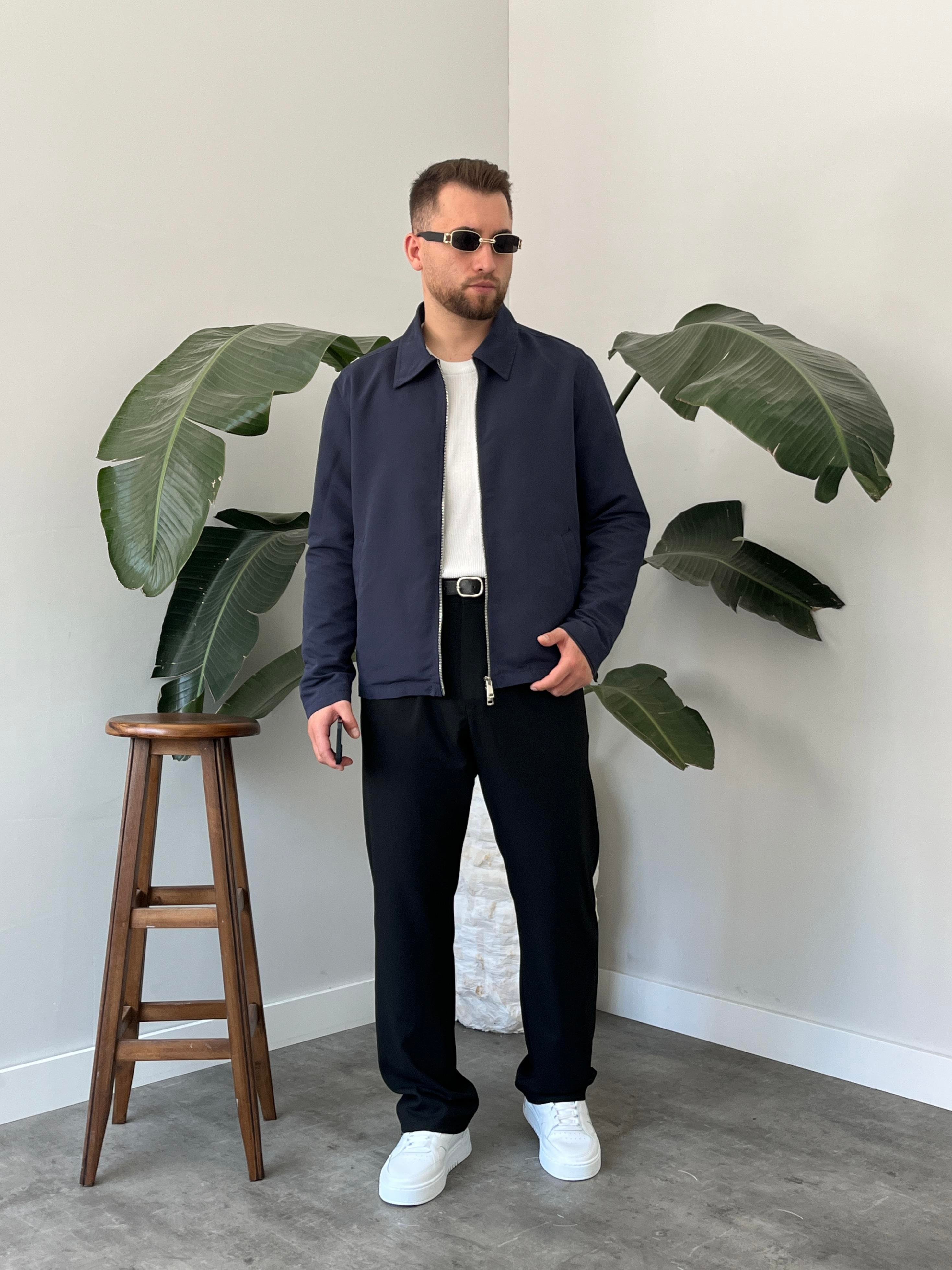 Lacivert Çift Yön Fermuar Boxy Fit Casual Ceket