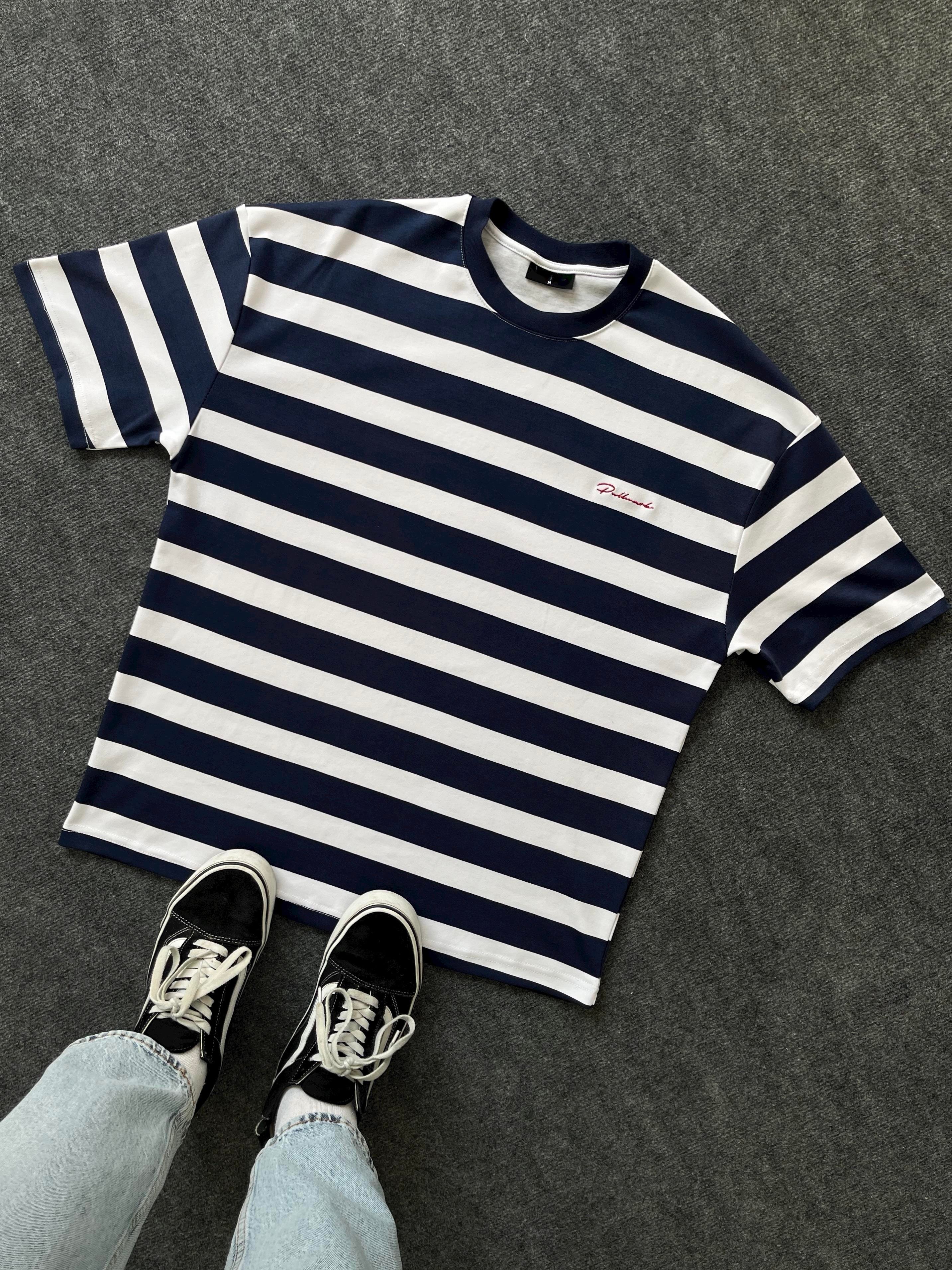 Lacivert Çizgili Nakış Detay Oversize T-shirt