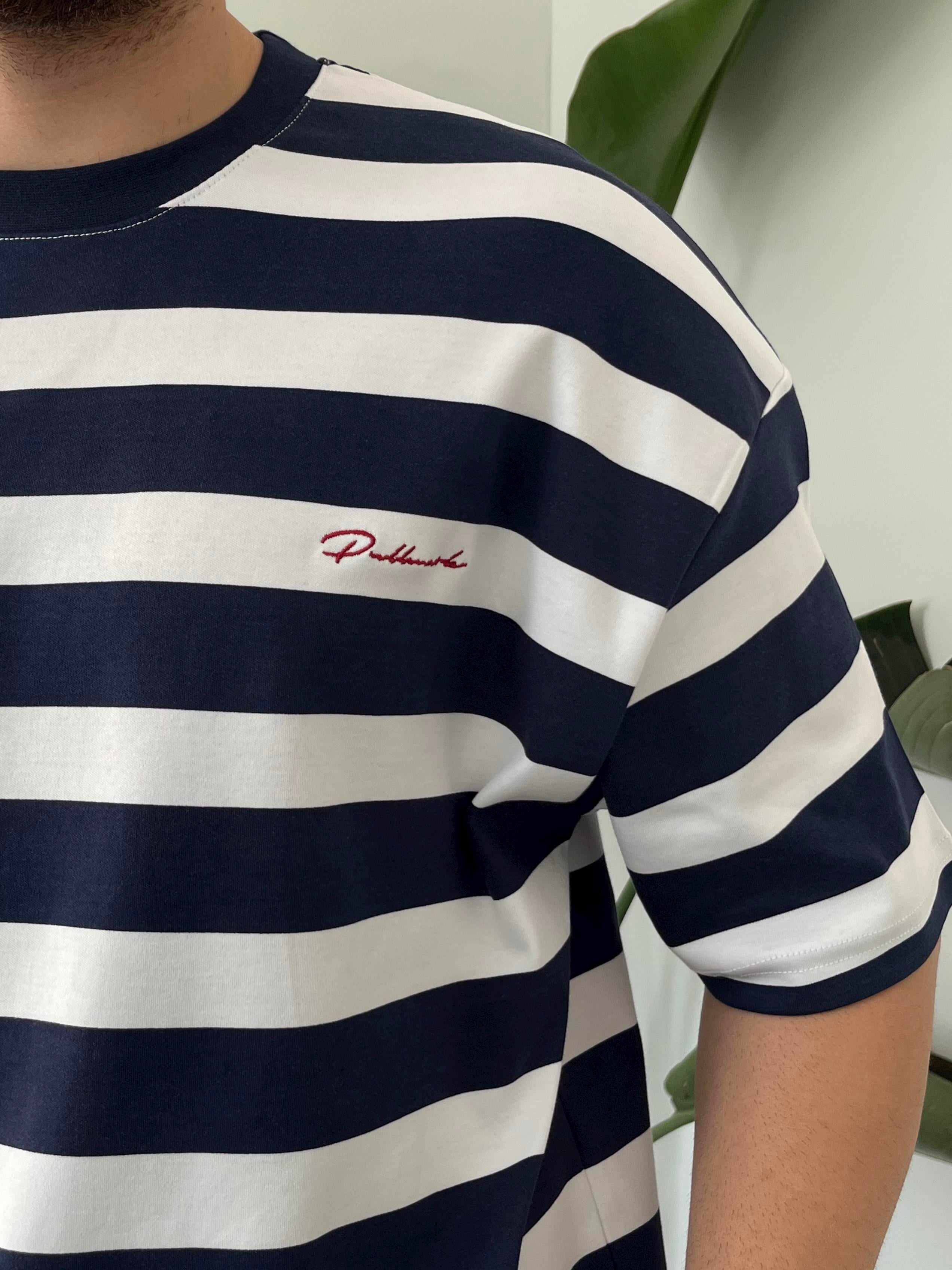 Lacivert Çizgili Nakış Detay Oversize T-shirt