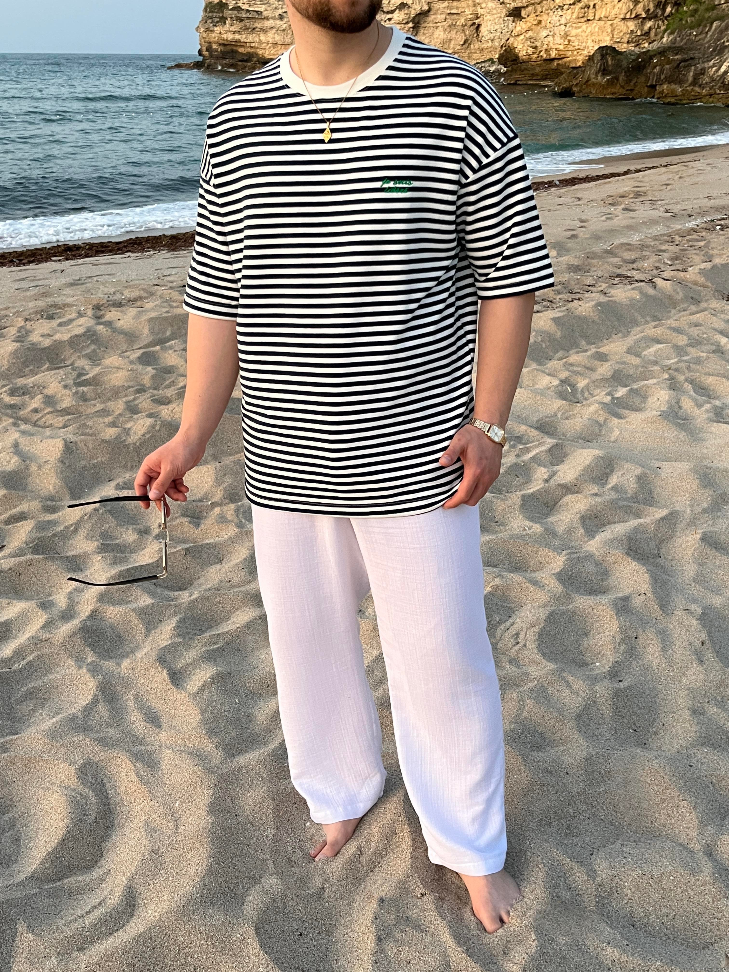 Lacivert Çizgili Nakış Detaylı Oversize T-shirt