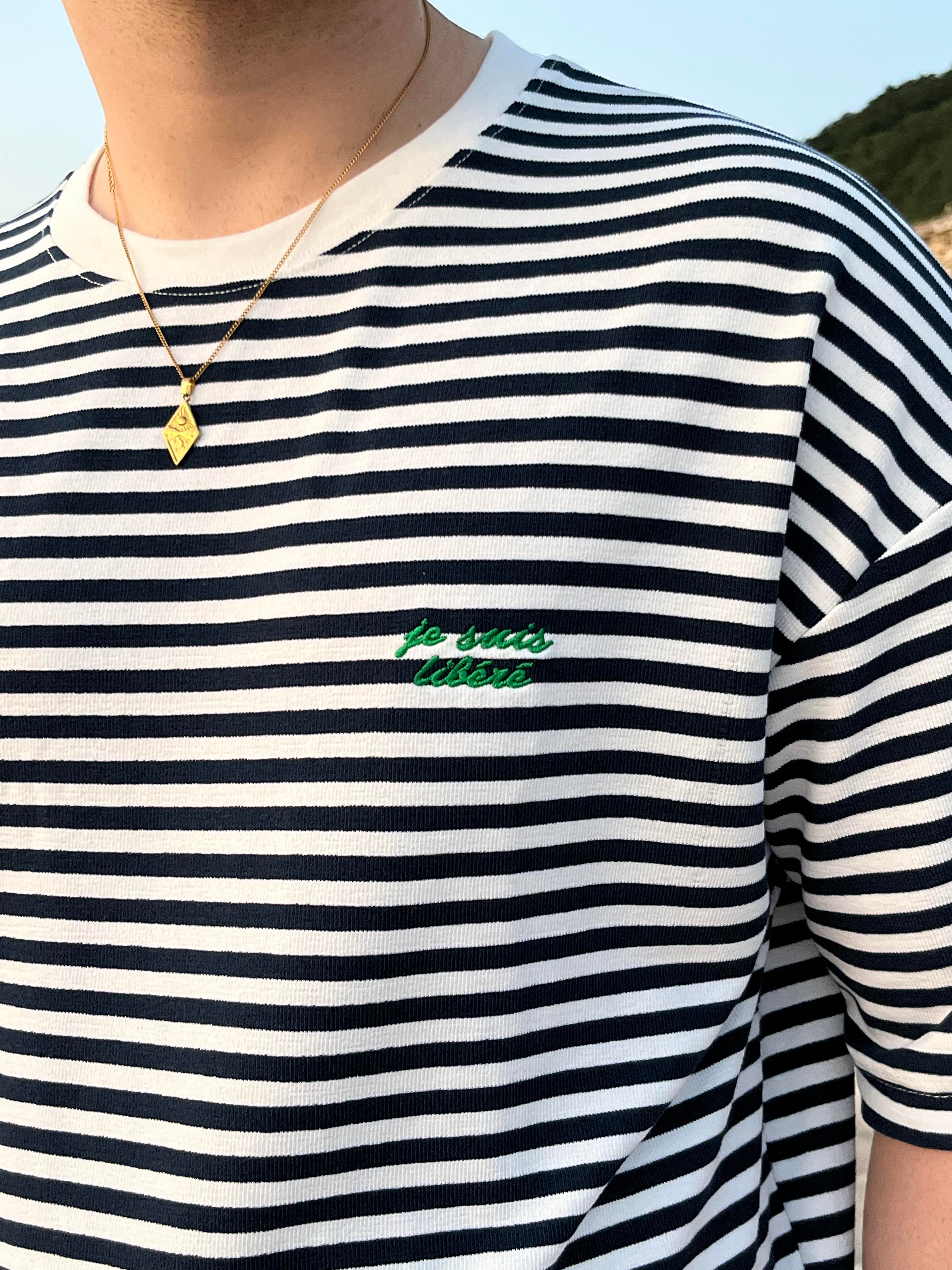 Lacivert Çizgili Nakış Detaylı Oversize T-shirt