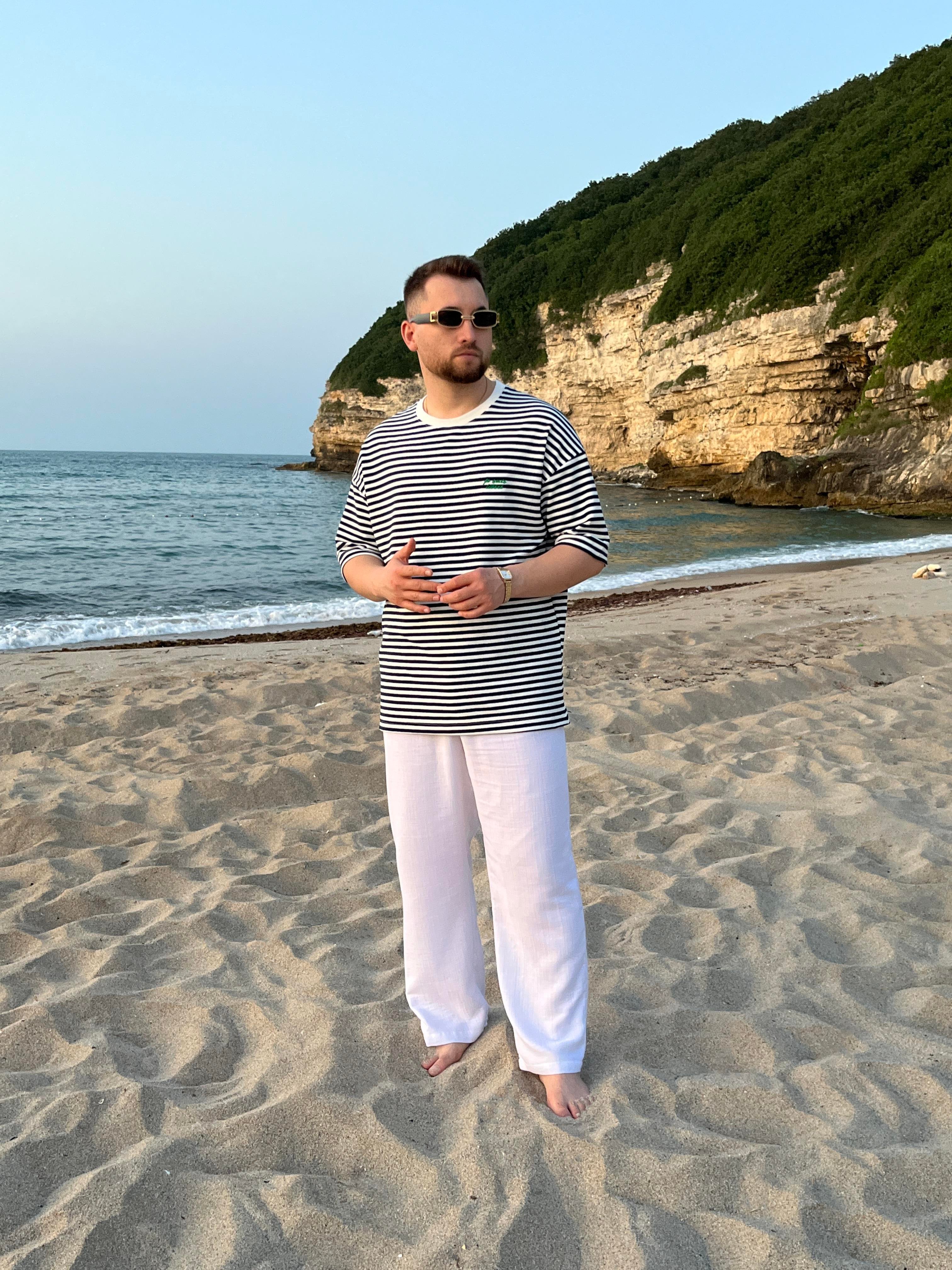 Lacivert Çizgili Nakış Detaylı Oversize T-shirt