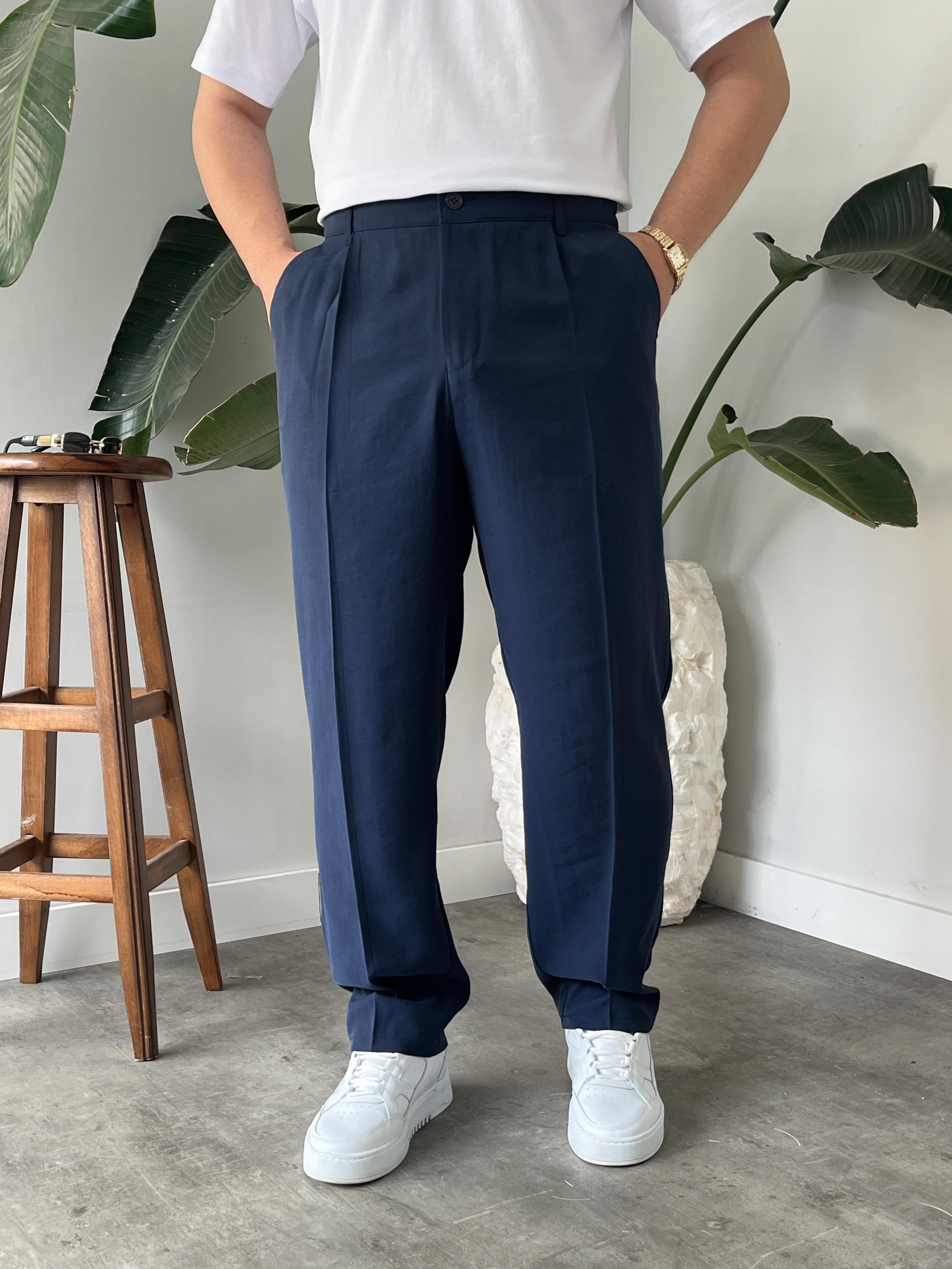 Lacivert Deluxe Pileli Modal Kumaş Baggy Pantolon