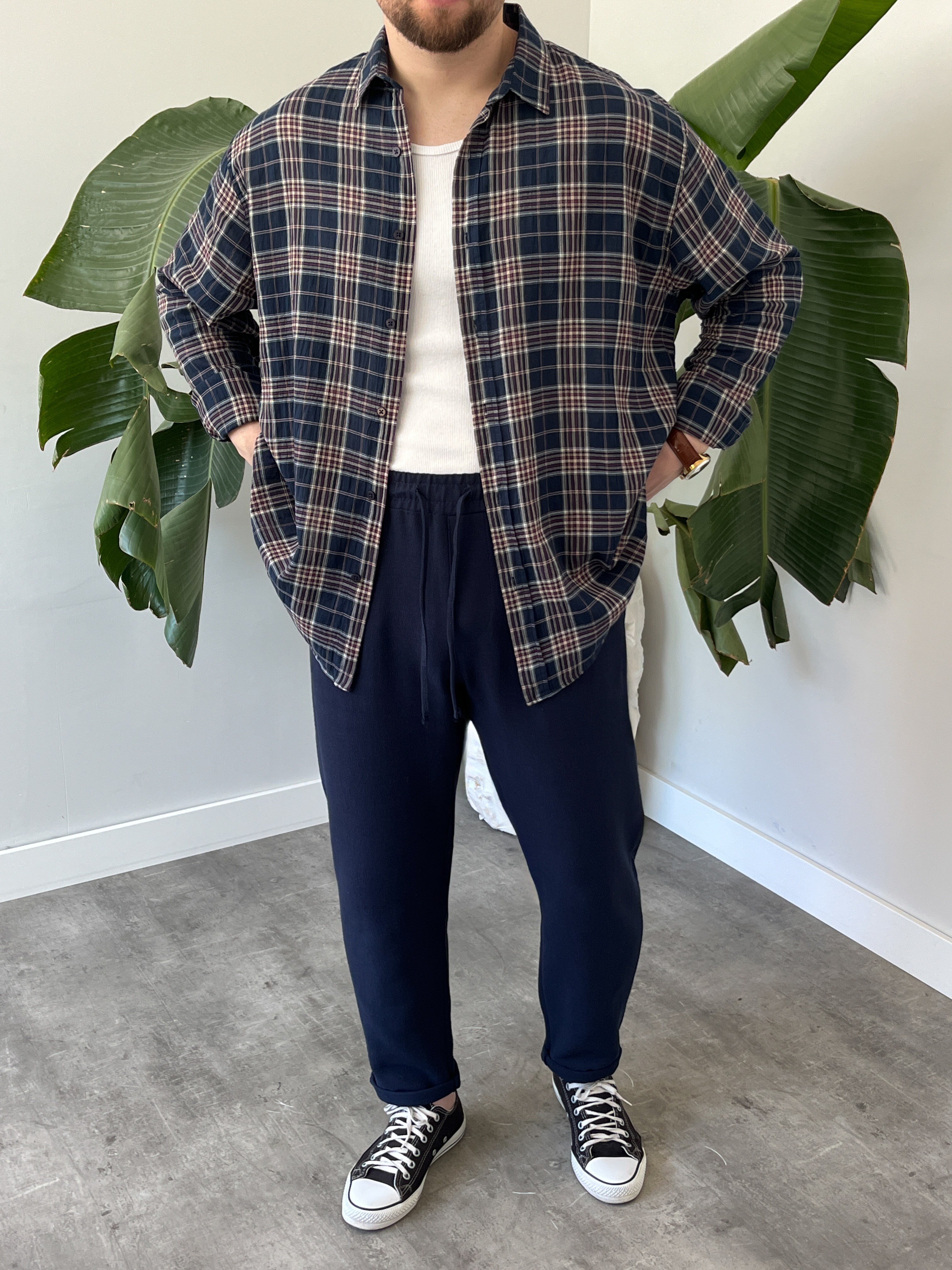 Lacivert Ekose Oversize Gömlek
