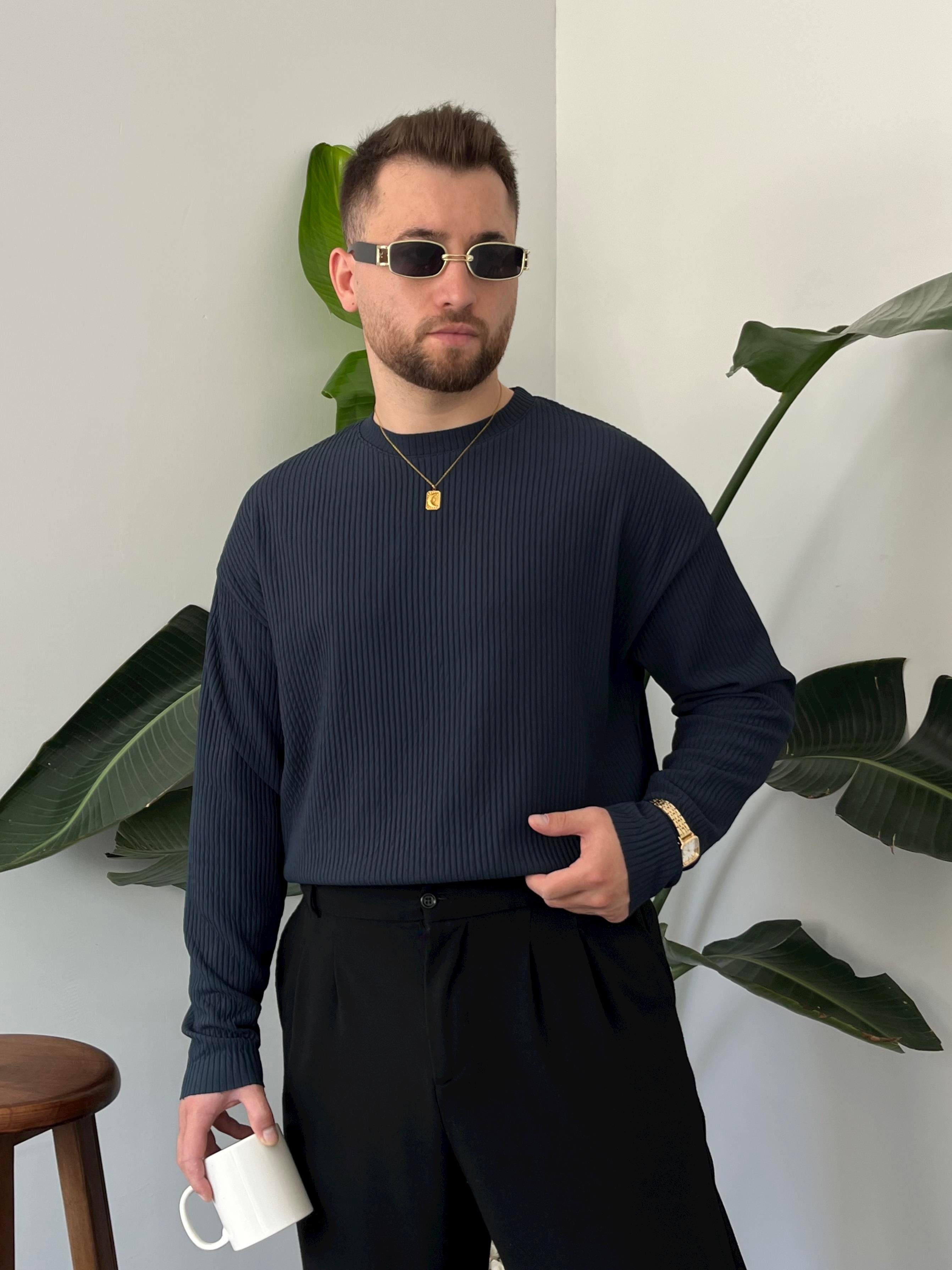 Lacivert Fitilli Bisiklet Yaka Triko Sweat