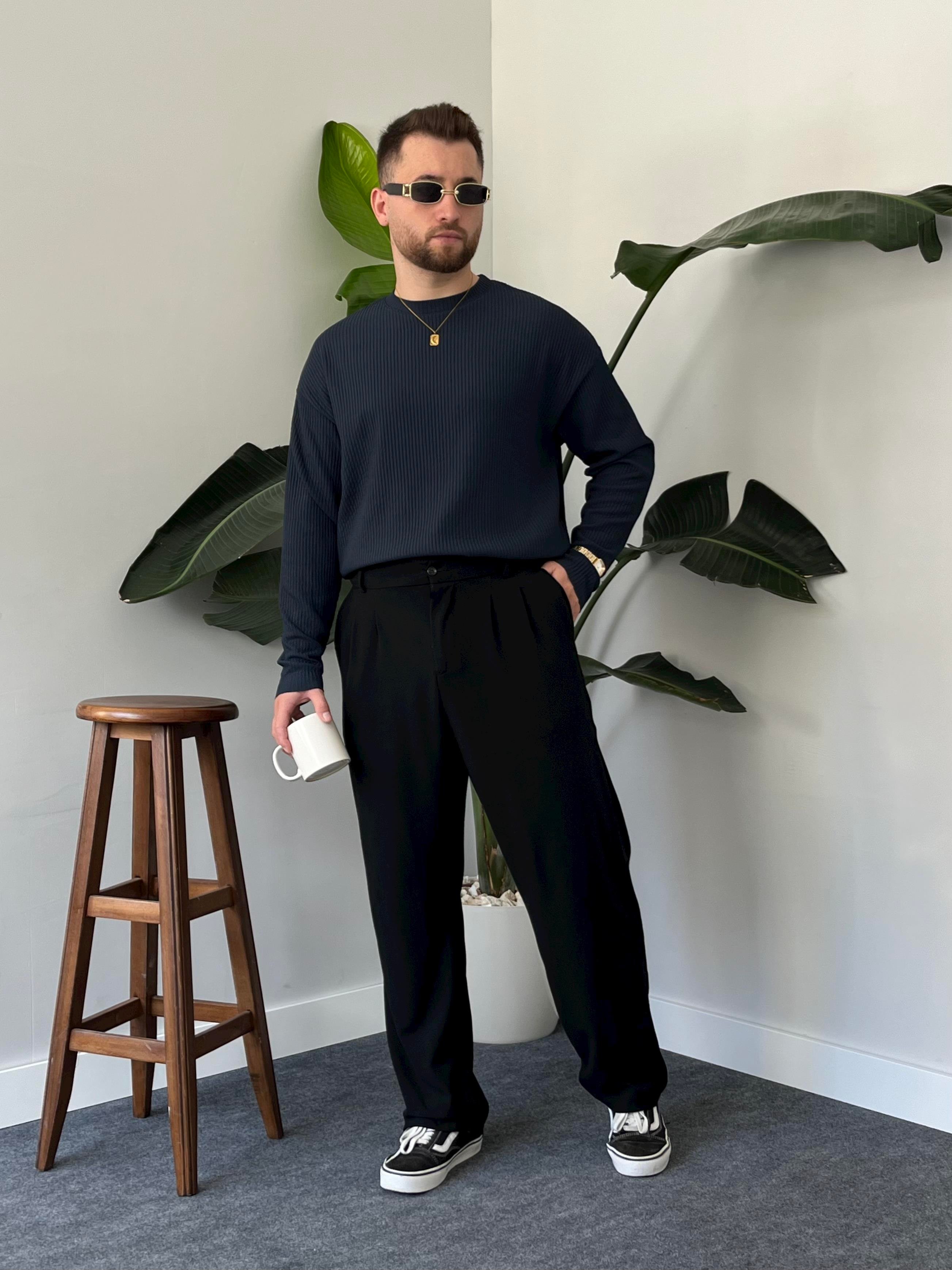 Lacivert Fitilli Bisiklet Yaka Triko Sweat
