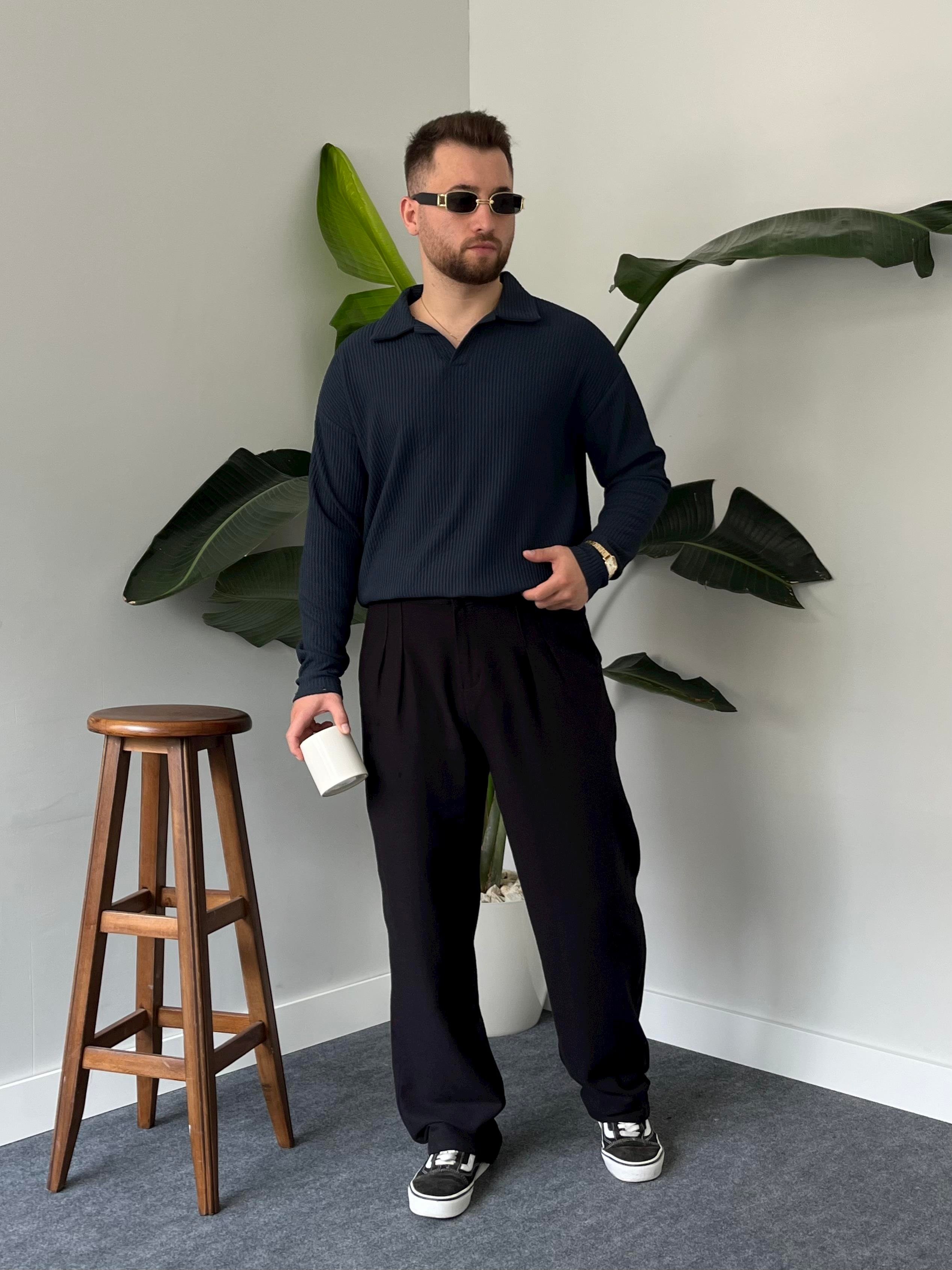 Lacivert Fitilli Polo Yaka Triko Sweat