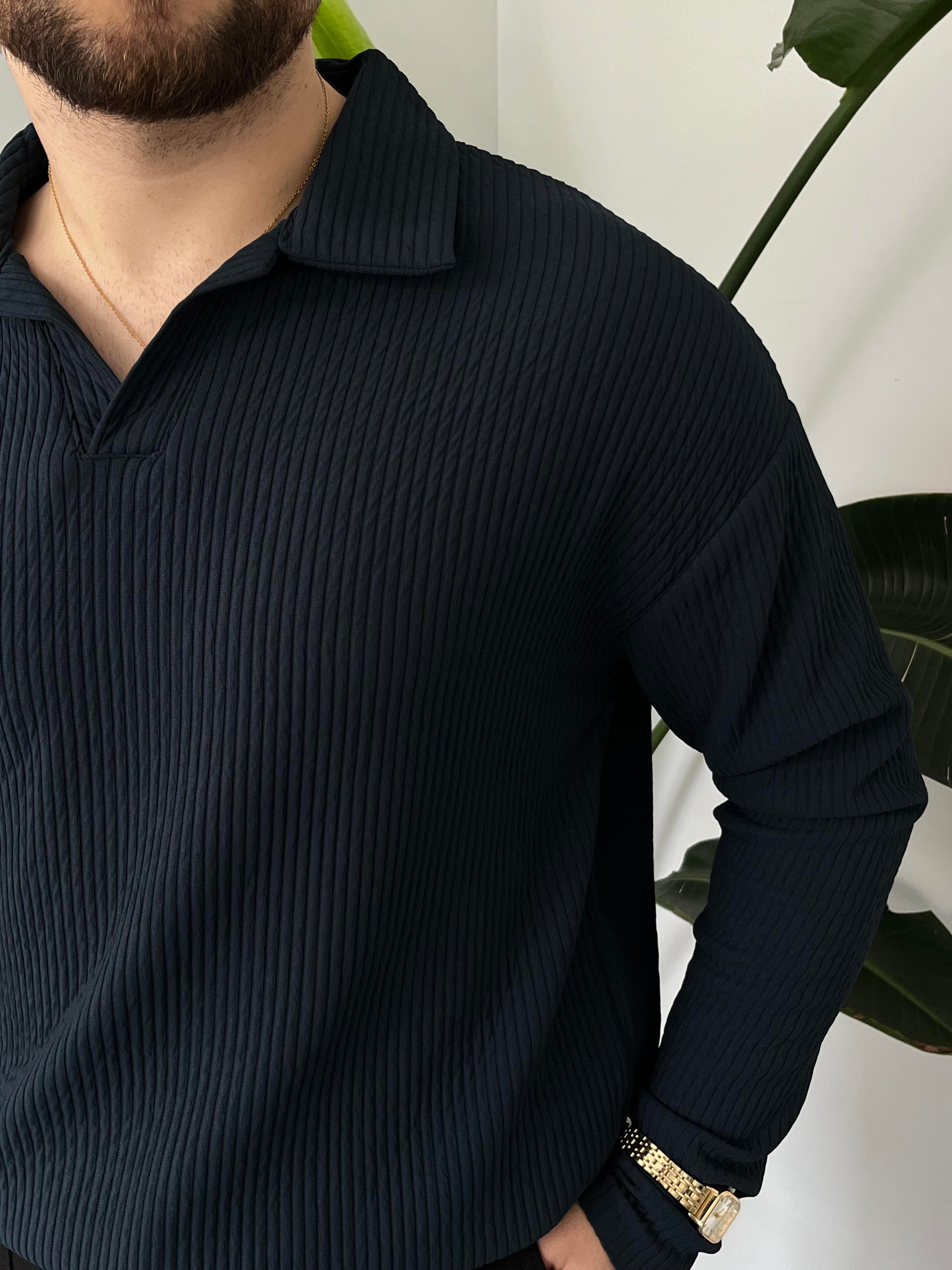 Lacivert Fitilli Polo Yaka Triko Sweat