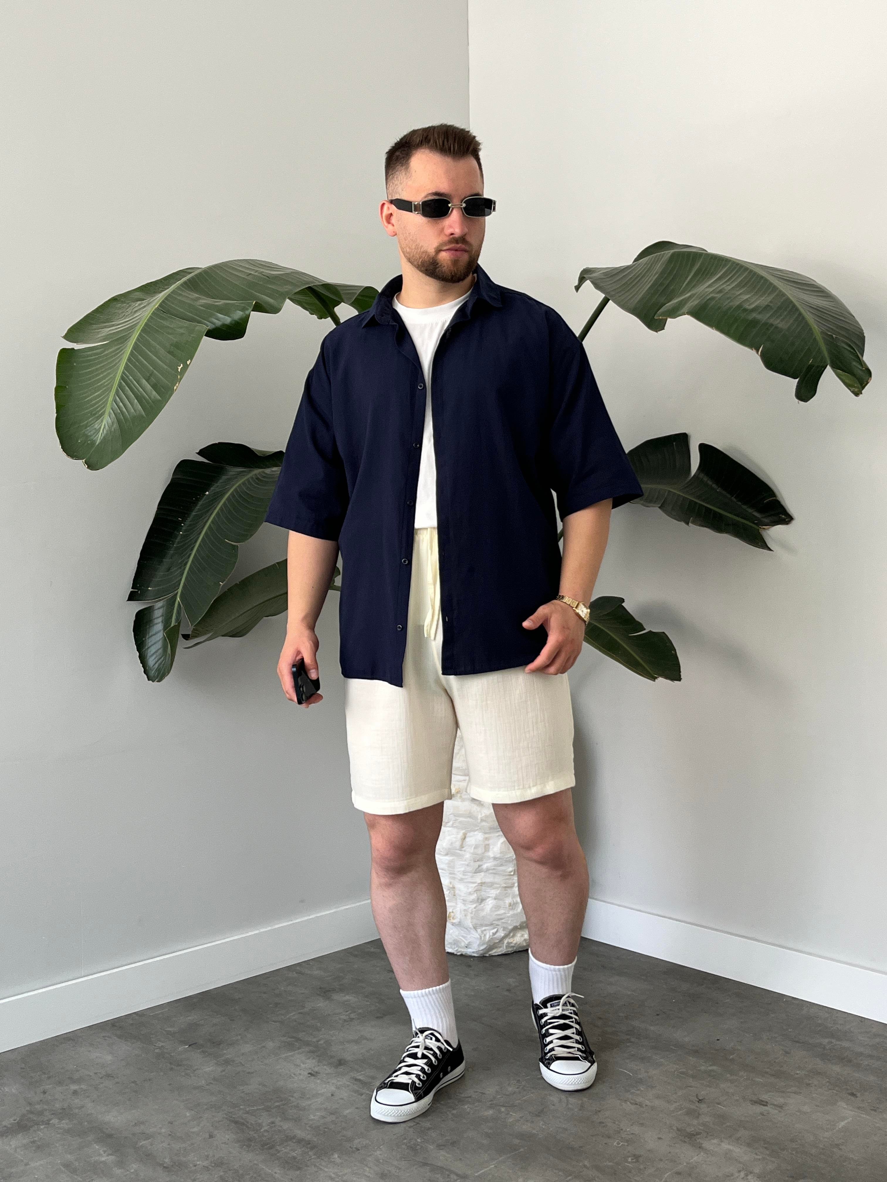 Lacivert Fresh Keten Oversize Gömlek