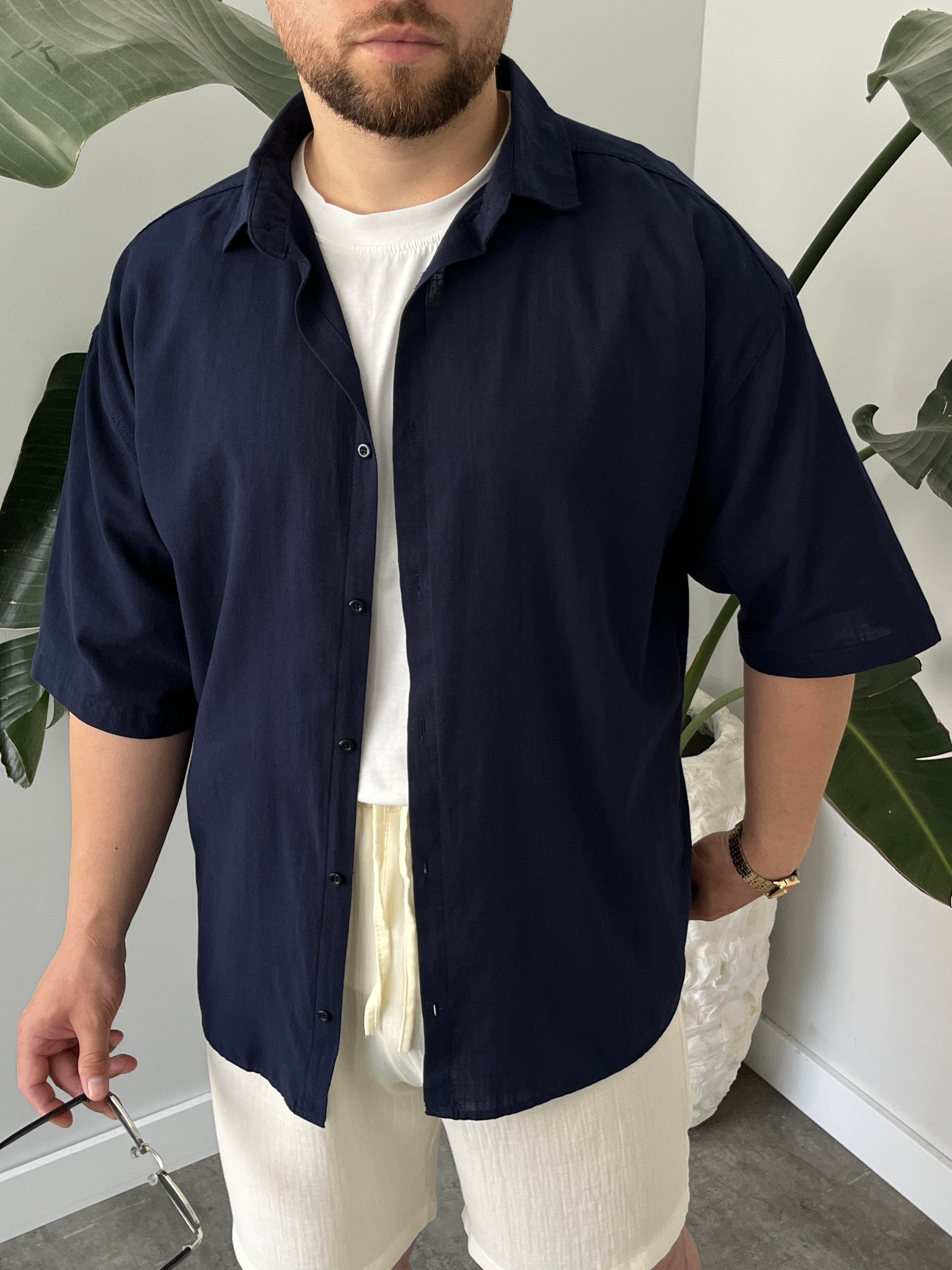 Lacivert Fresh Keten Oversize Gömlek