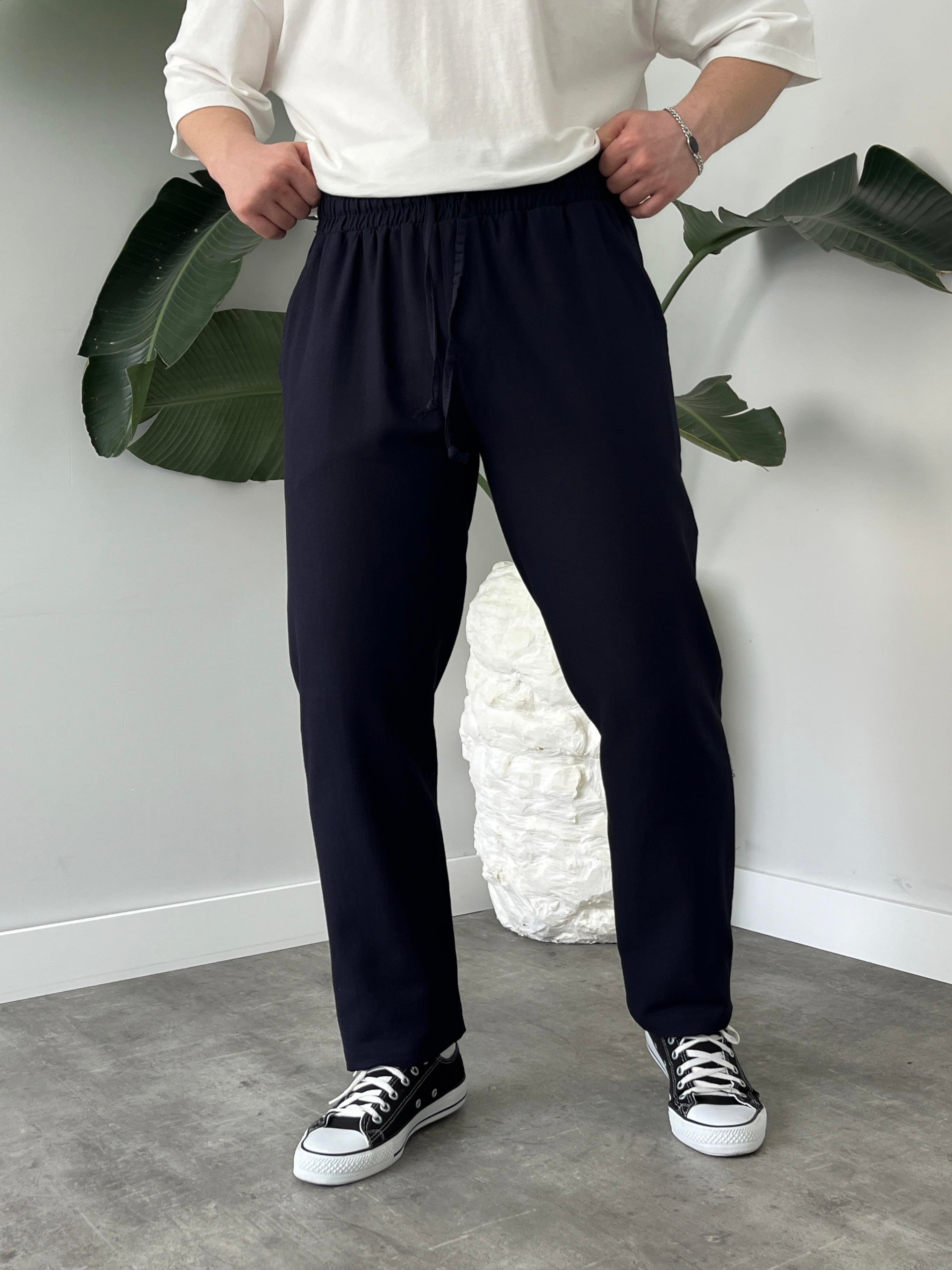 Lacivert Gabardin Keten Baggy Pantolon