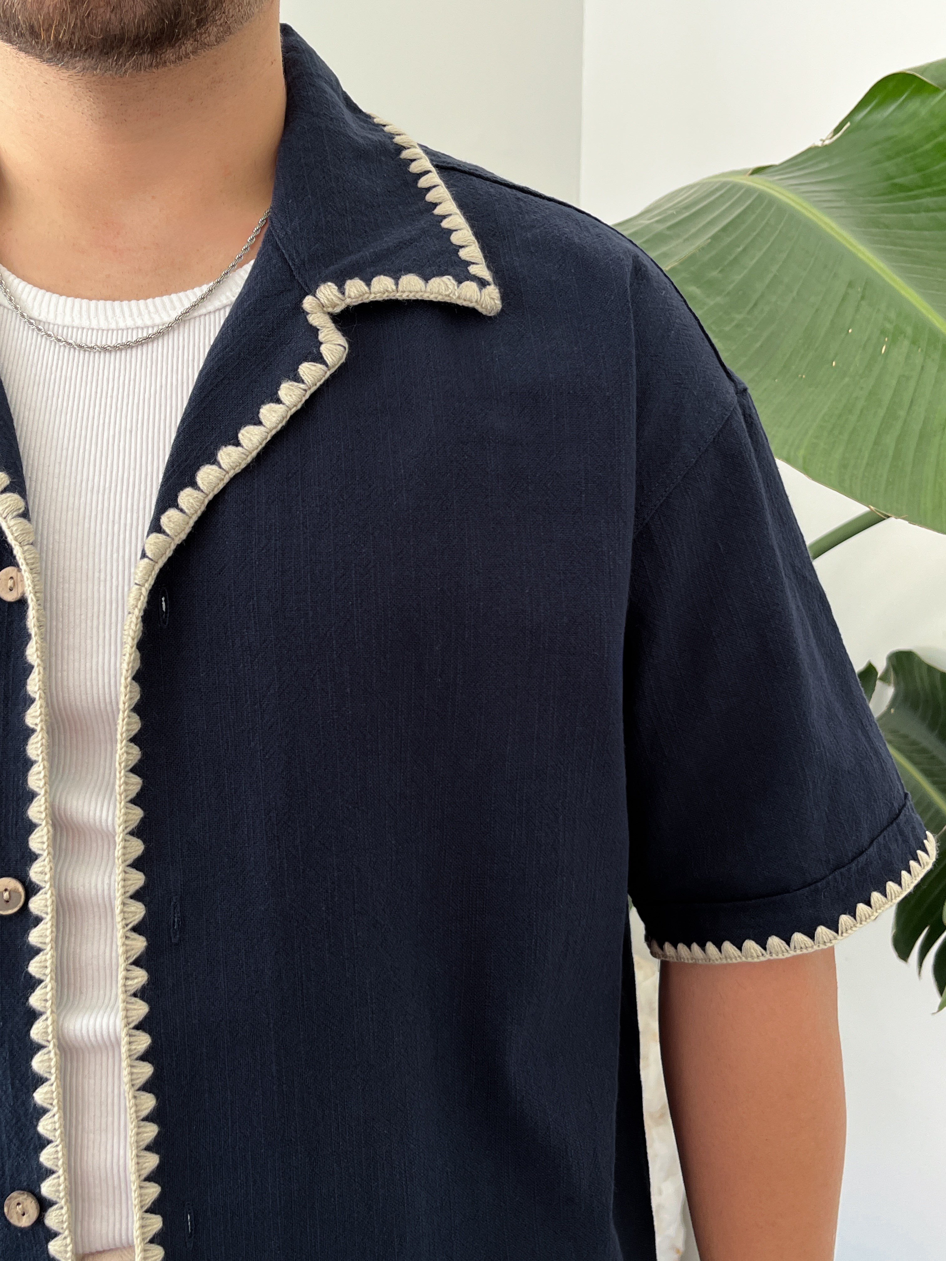 Lacivert Kontrast Dikiş Keten Oversize Gömlek