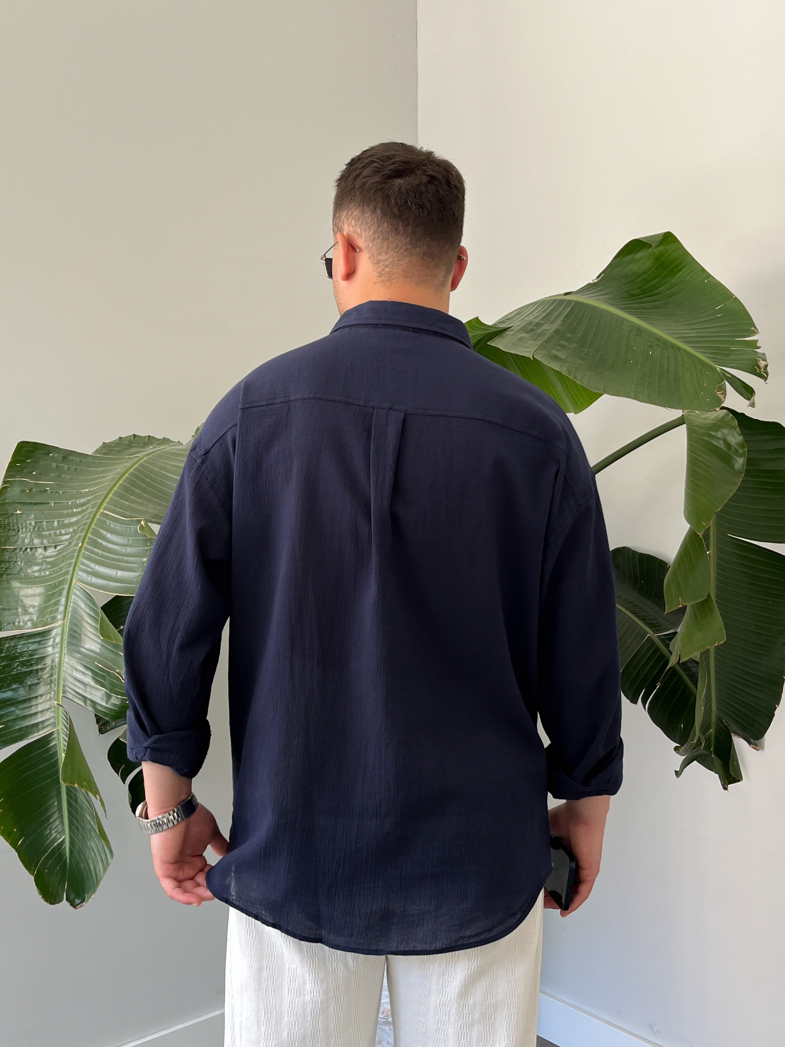 Lacivert Krinkıl Oversize Gömlek