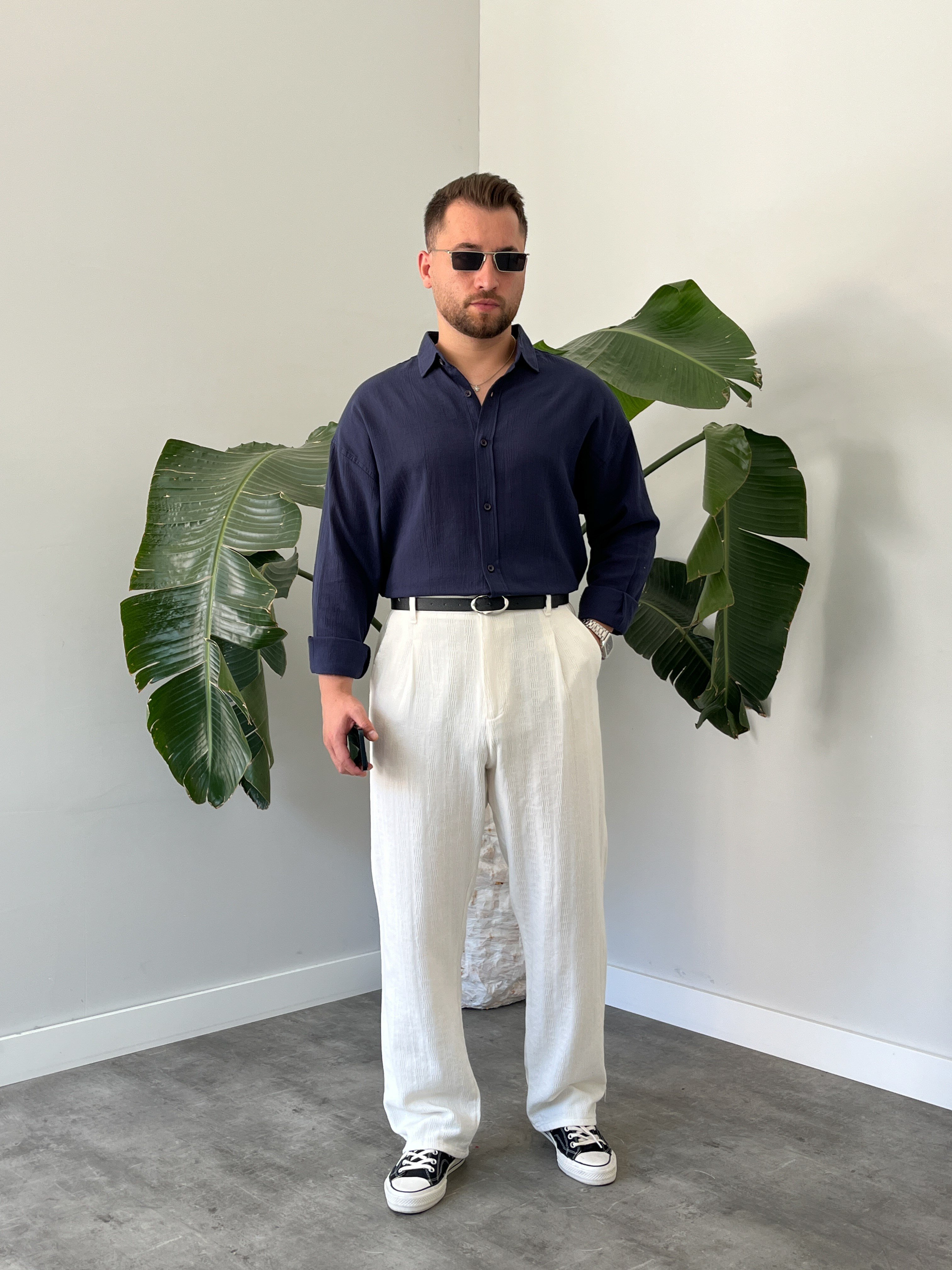 Lacivert Krinkıl Oversize Gömlek