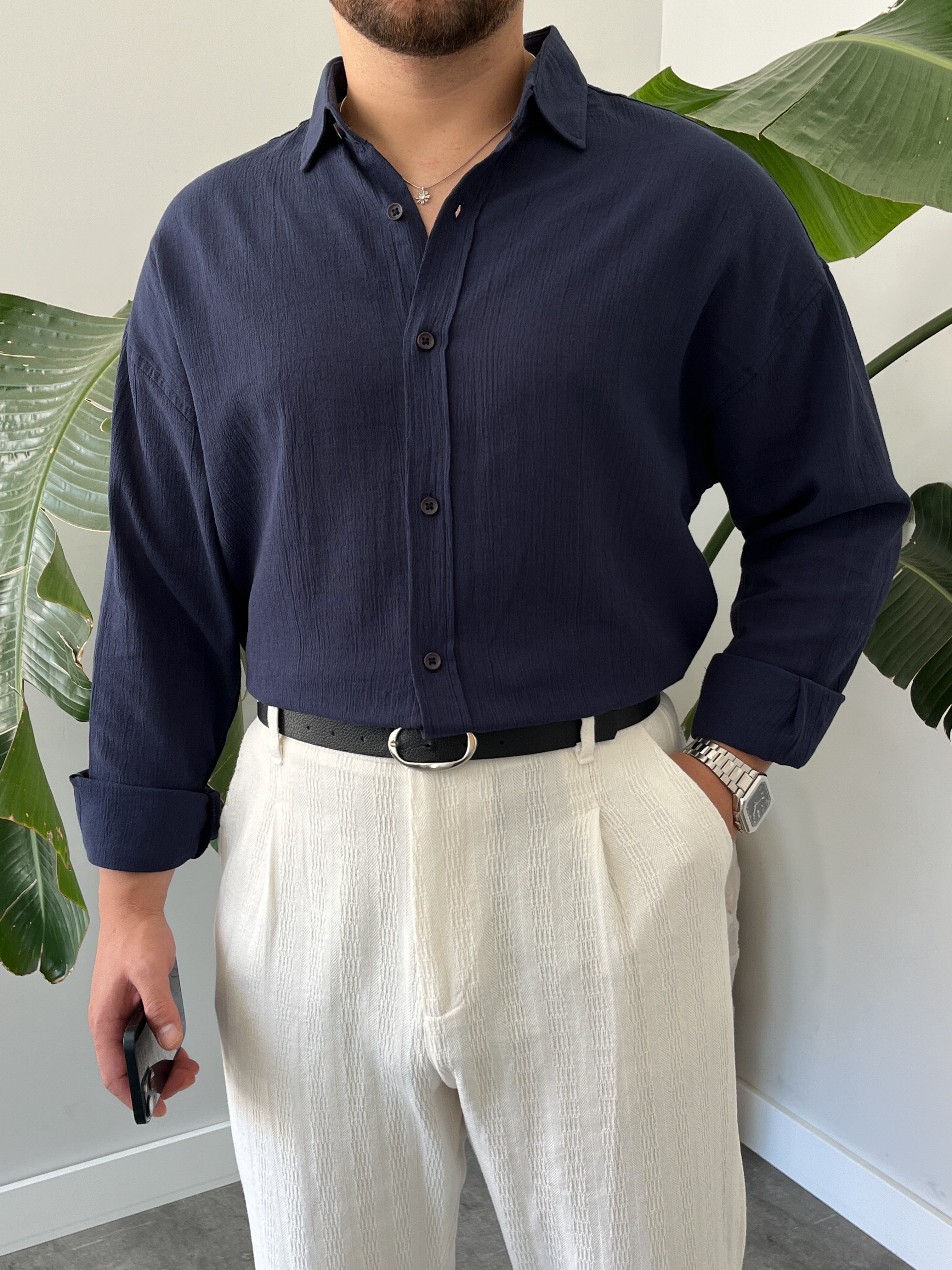 Lacivert Krinkıl Oversize Gömlek