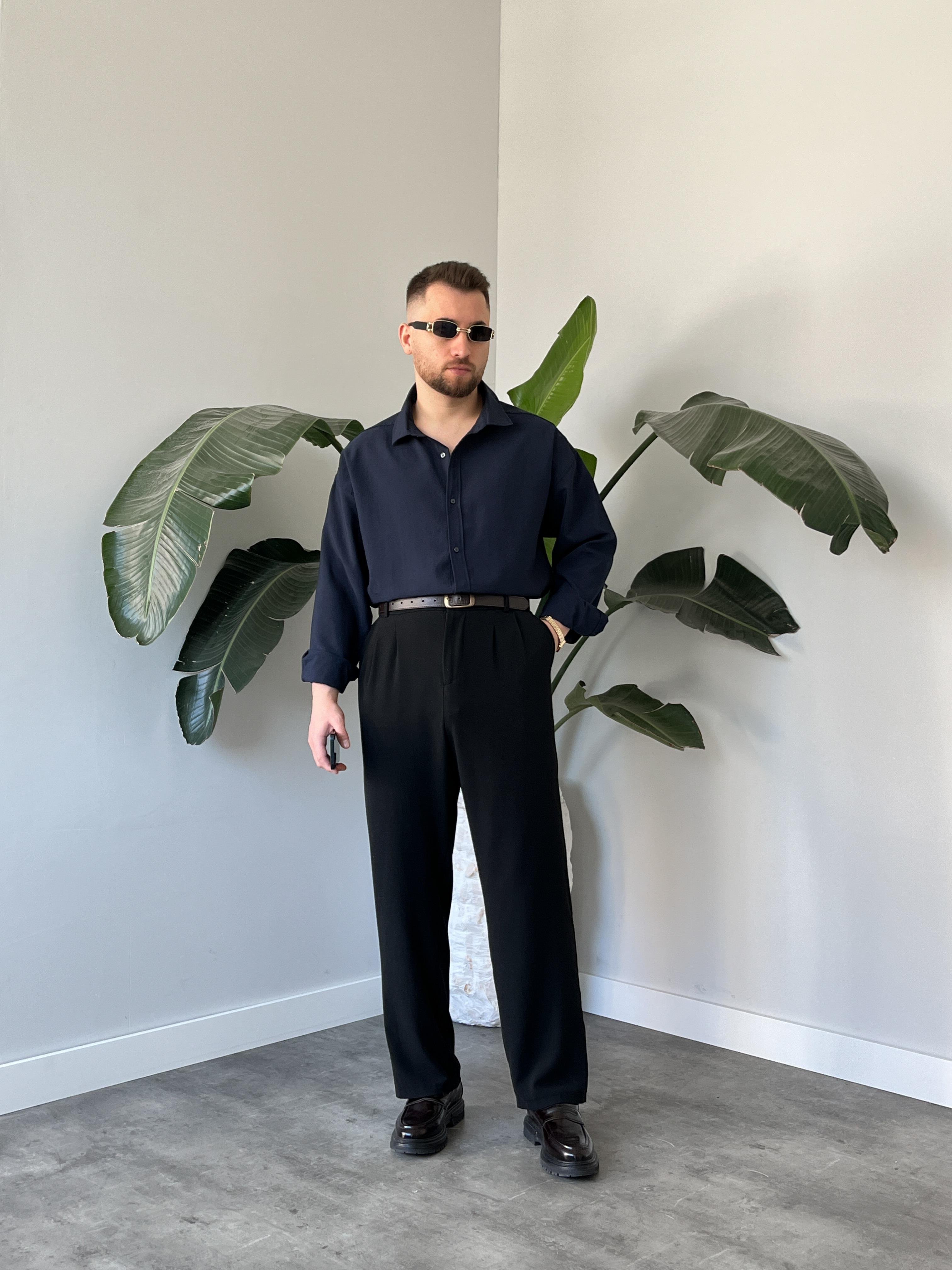 Lacivert Modal Basic Oversize Gömlek