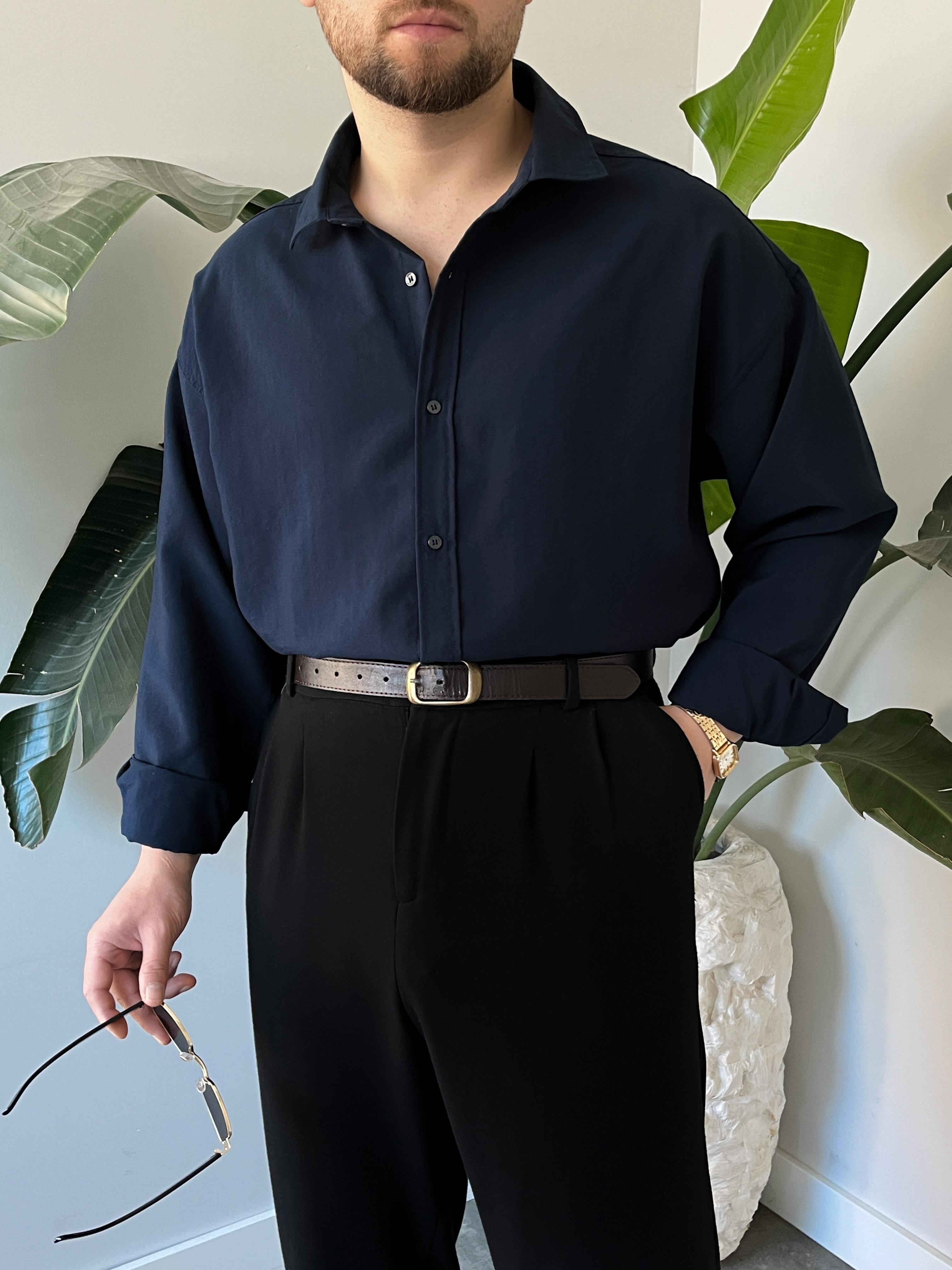 Lacivert Modal Basic Oversize Gömlek