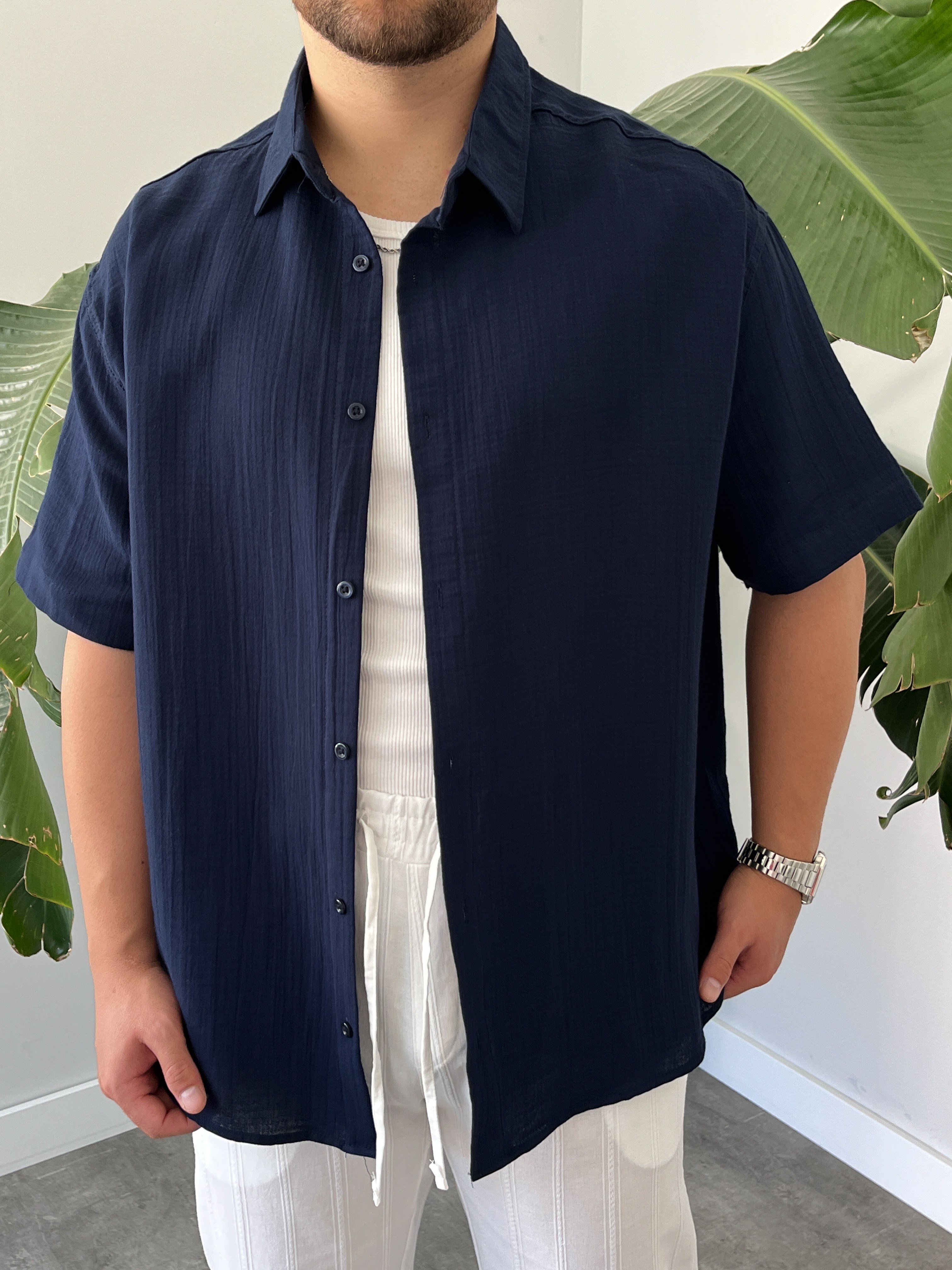 Lacivert Müslin Kısa Kollu Oversize Gömlek