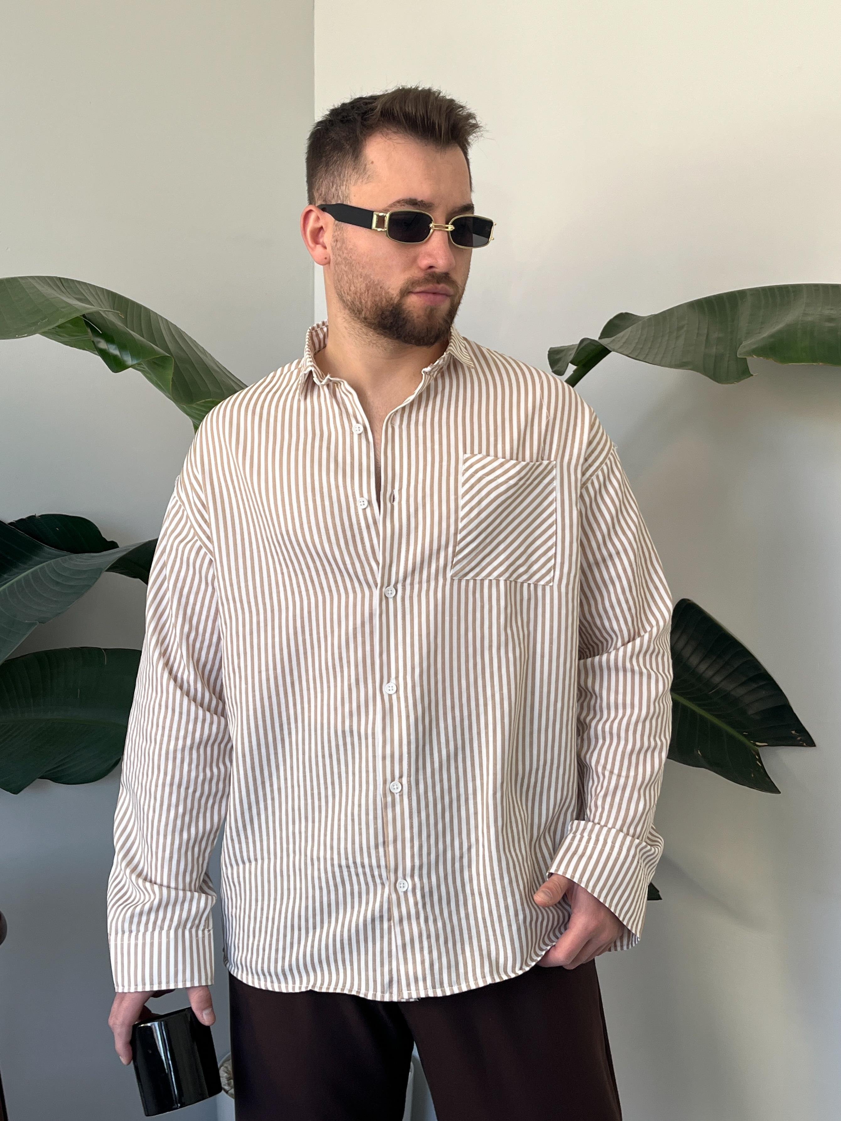 Linea Krem Çizgili Oversize Gömlek