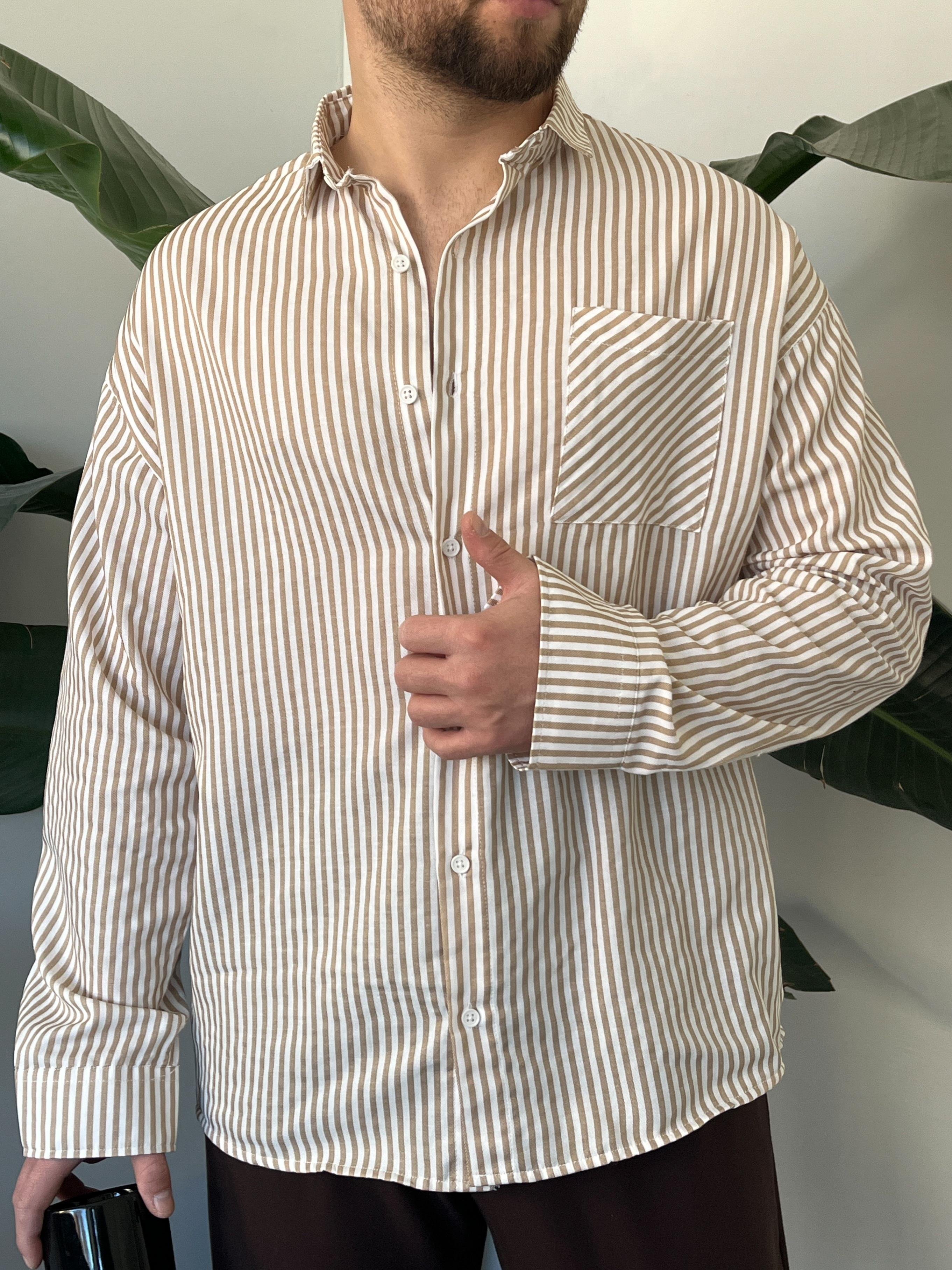 Linea Krem Çizgili Oversize Gömlek