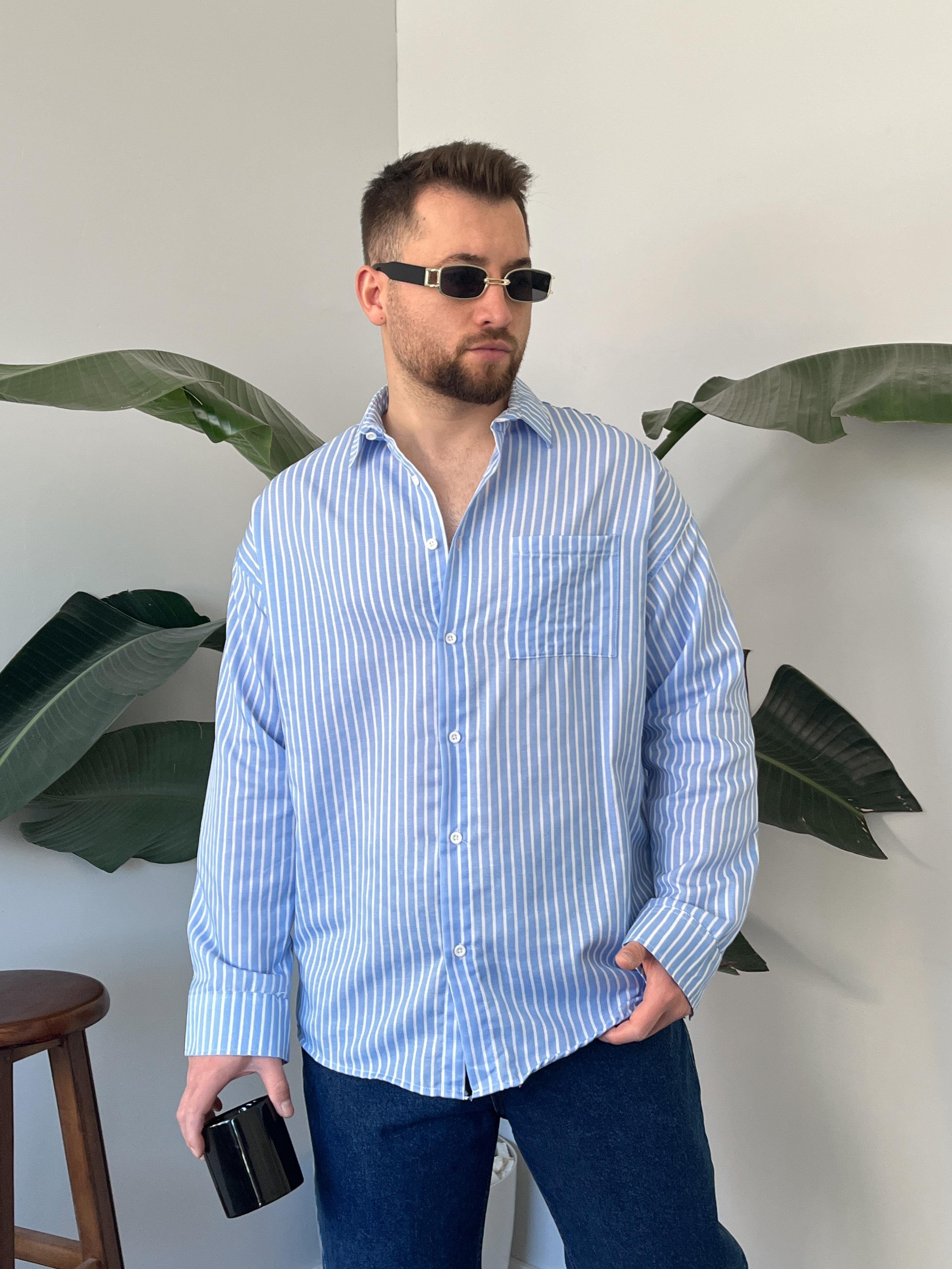 Linea Mavi Çizgili Oversize Gömlek