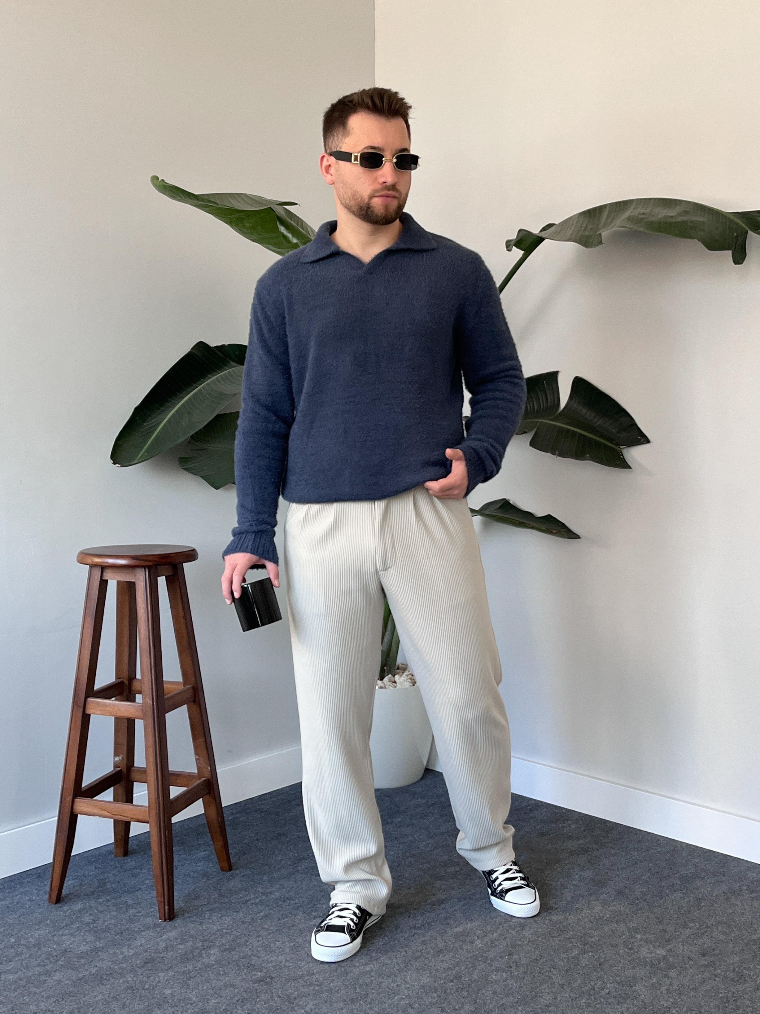 Luxe Lacivert Polo Yaka Fluffy Örgü Kazak