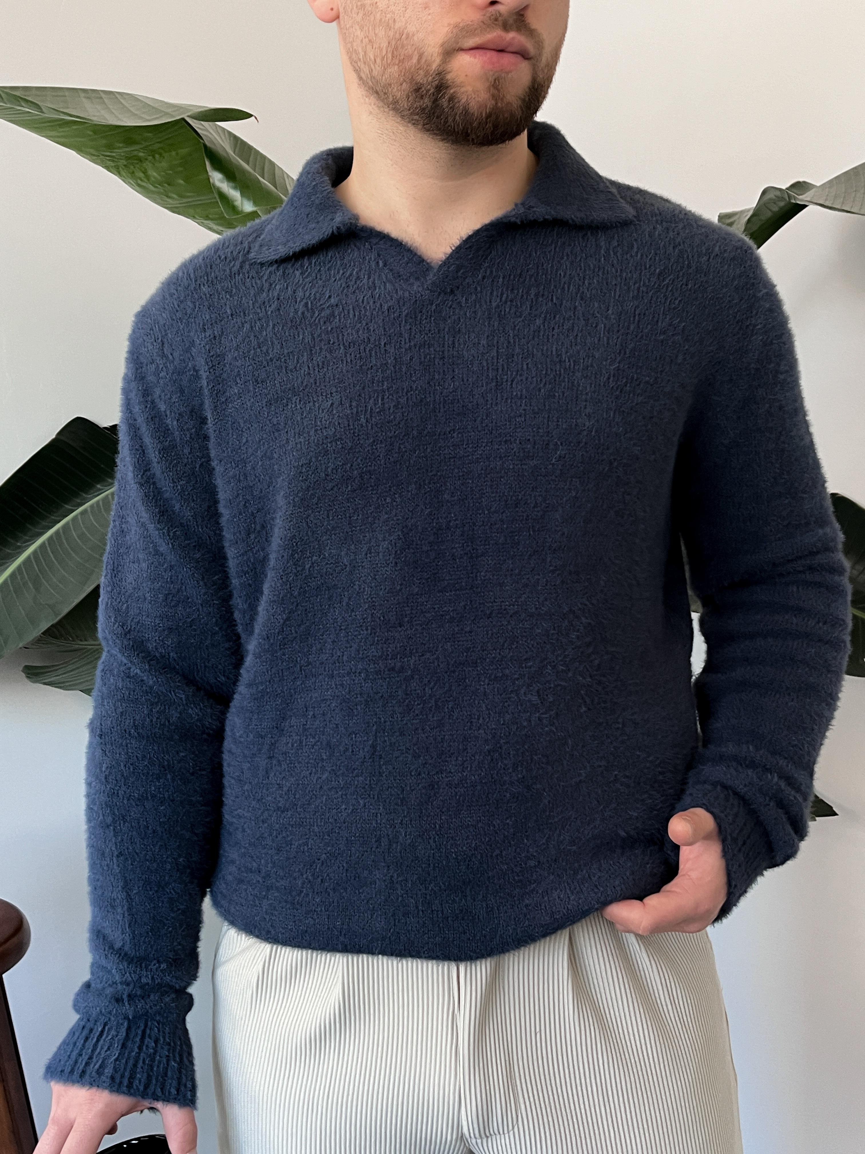 Luxe Lacivert Polo Yaka Fluffy Örgü Kazak