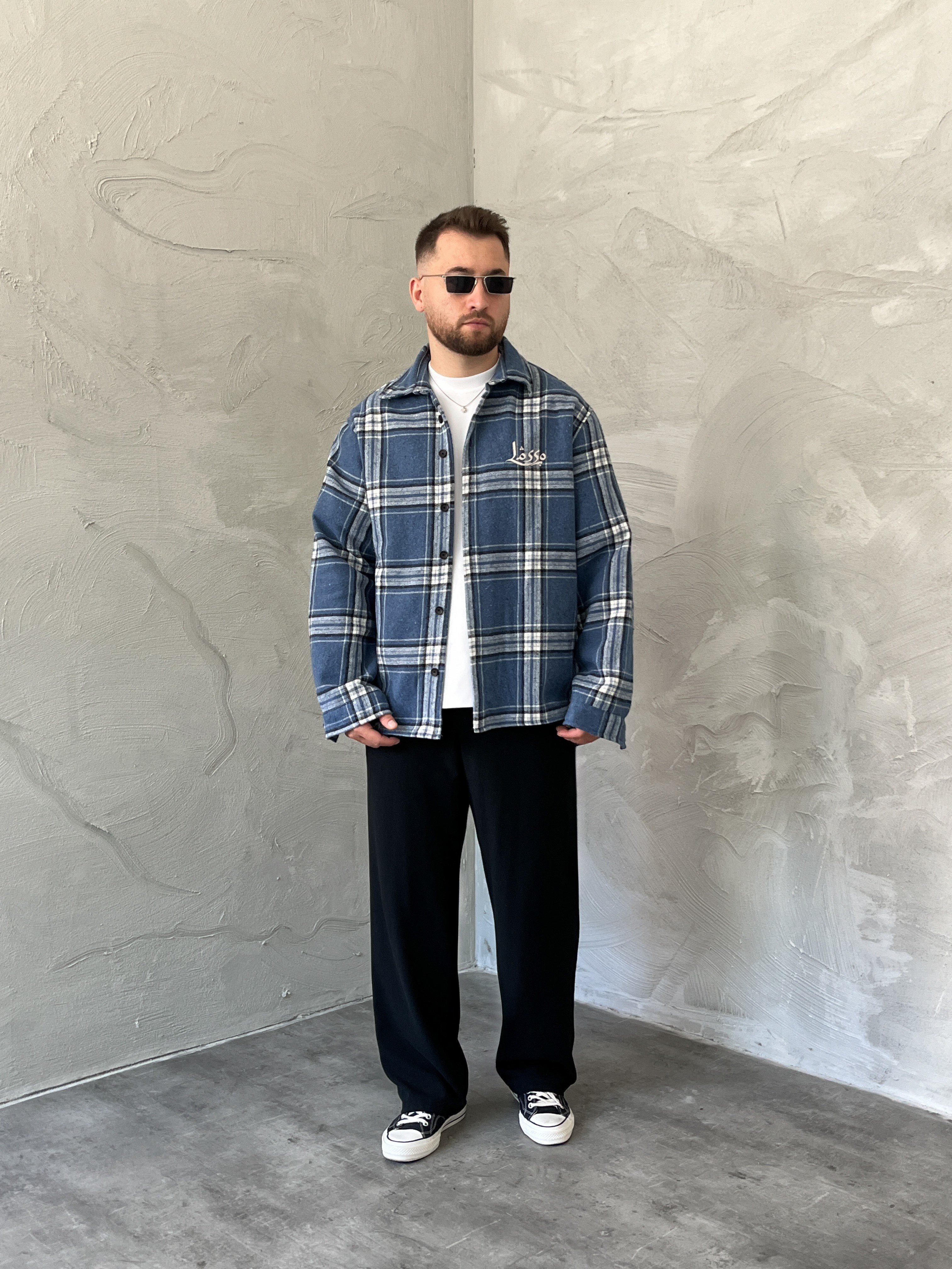 Mavi Baskılı Oversize Ekose Gömlek