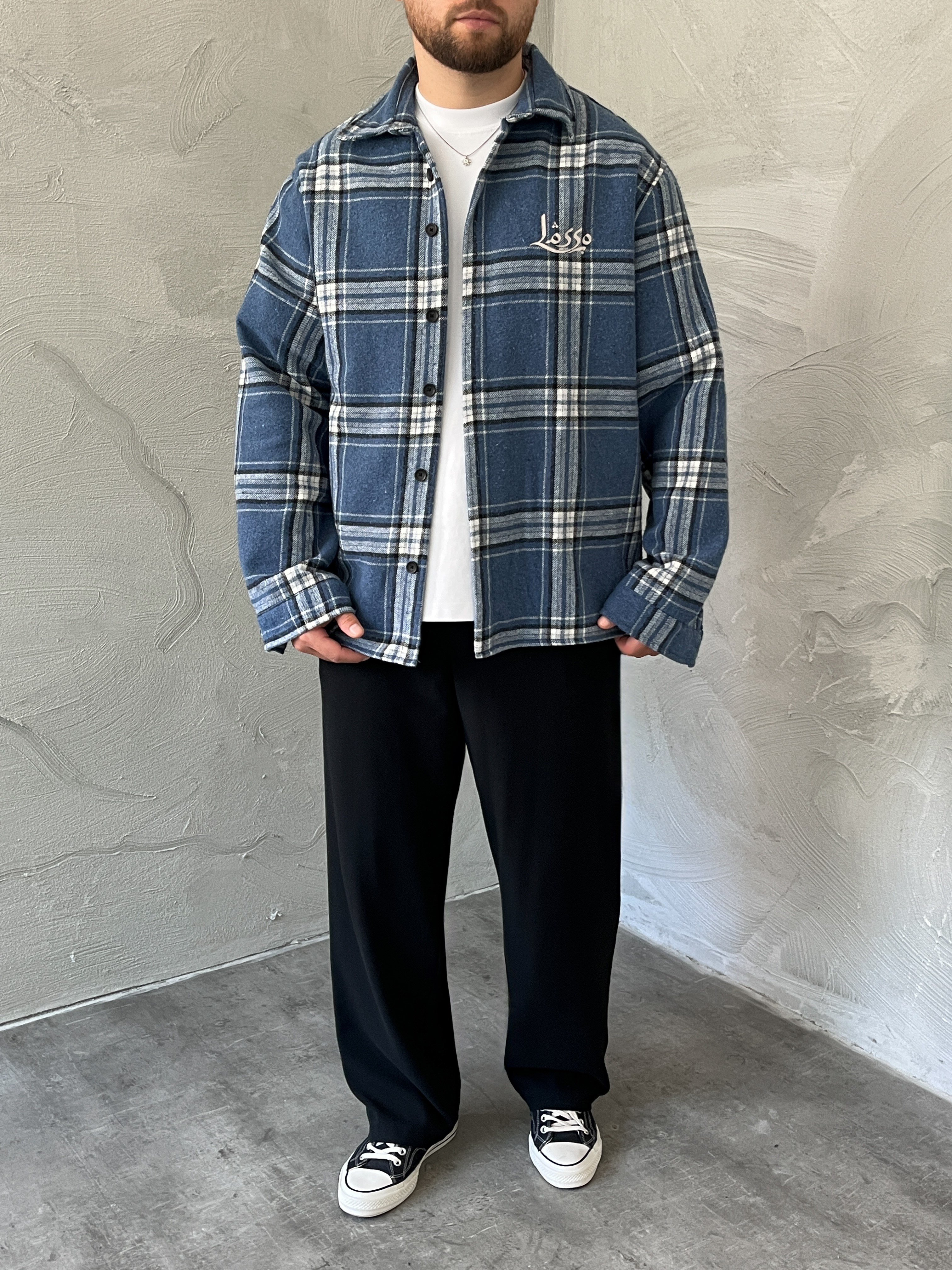 Mavi Baskılı Oversize Ekose Gömlek