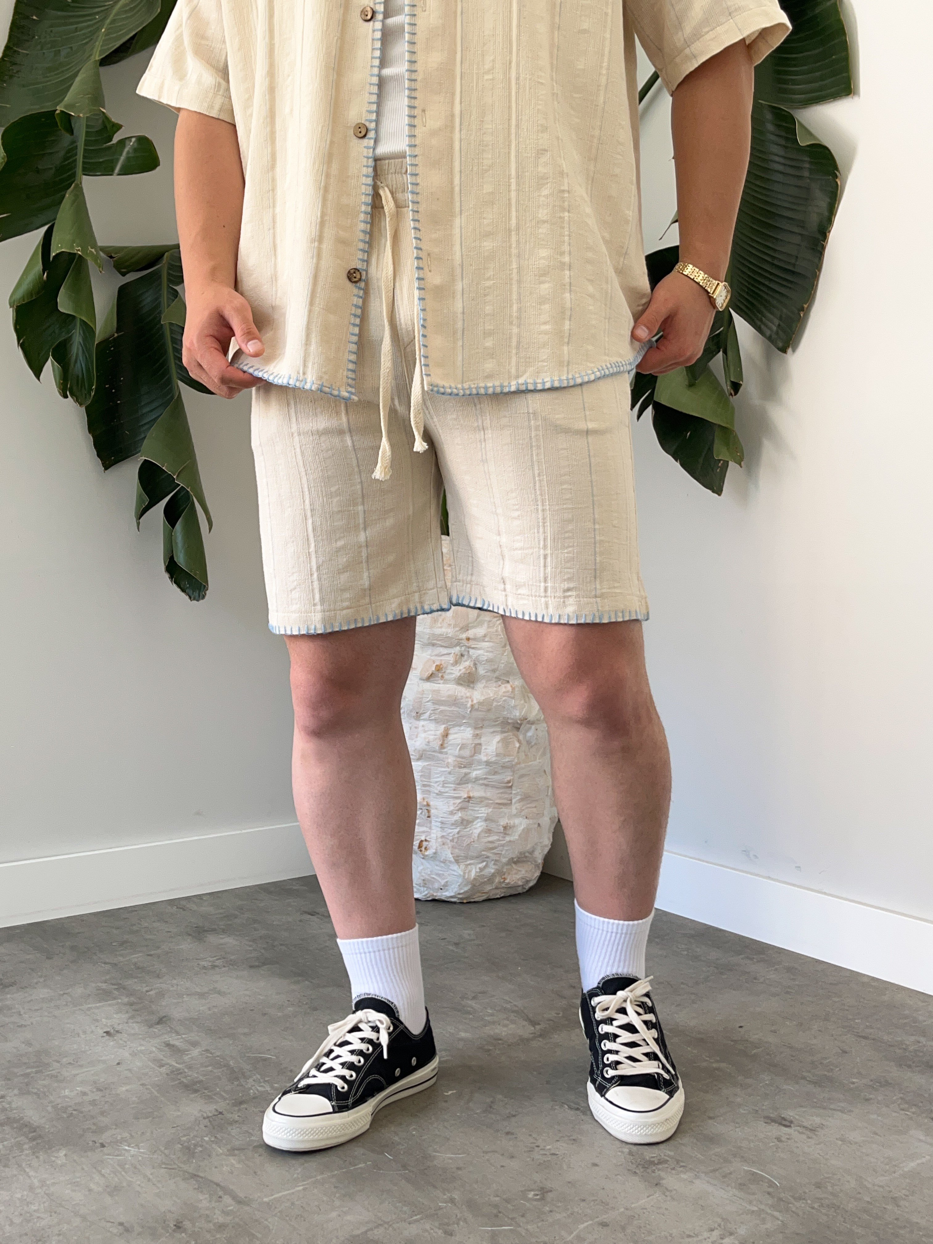 Mavi Çizgili Kontrast Dikiş Oversize Takım
