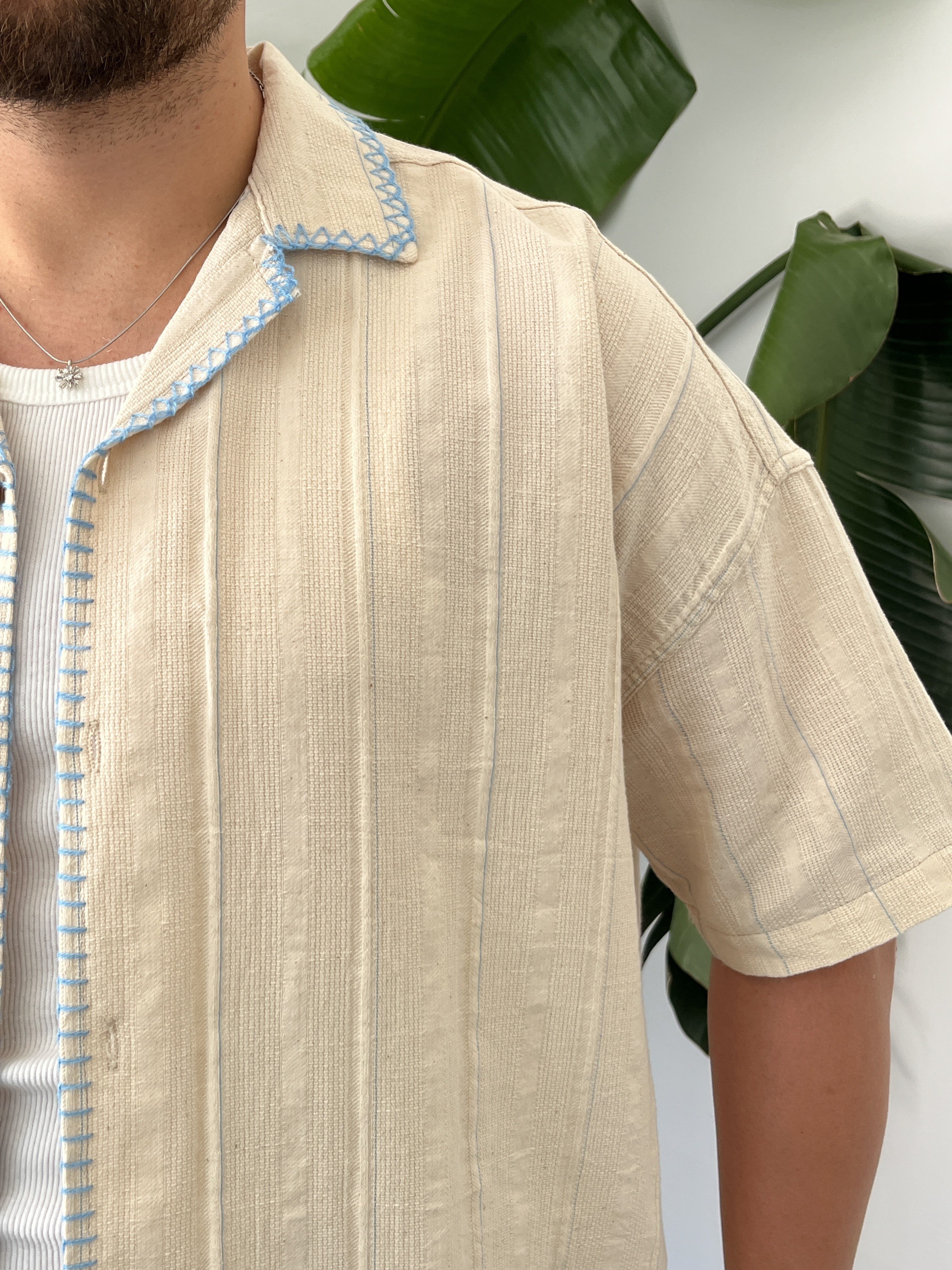 Mavi Çizgili Kontrast Dikiş Oversize Takım