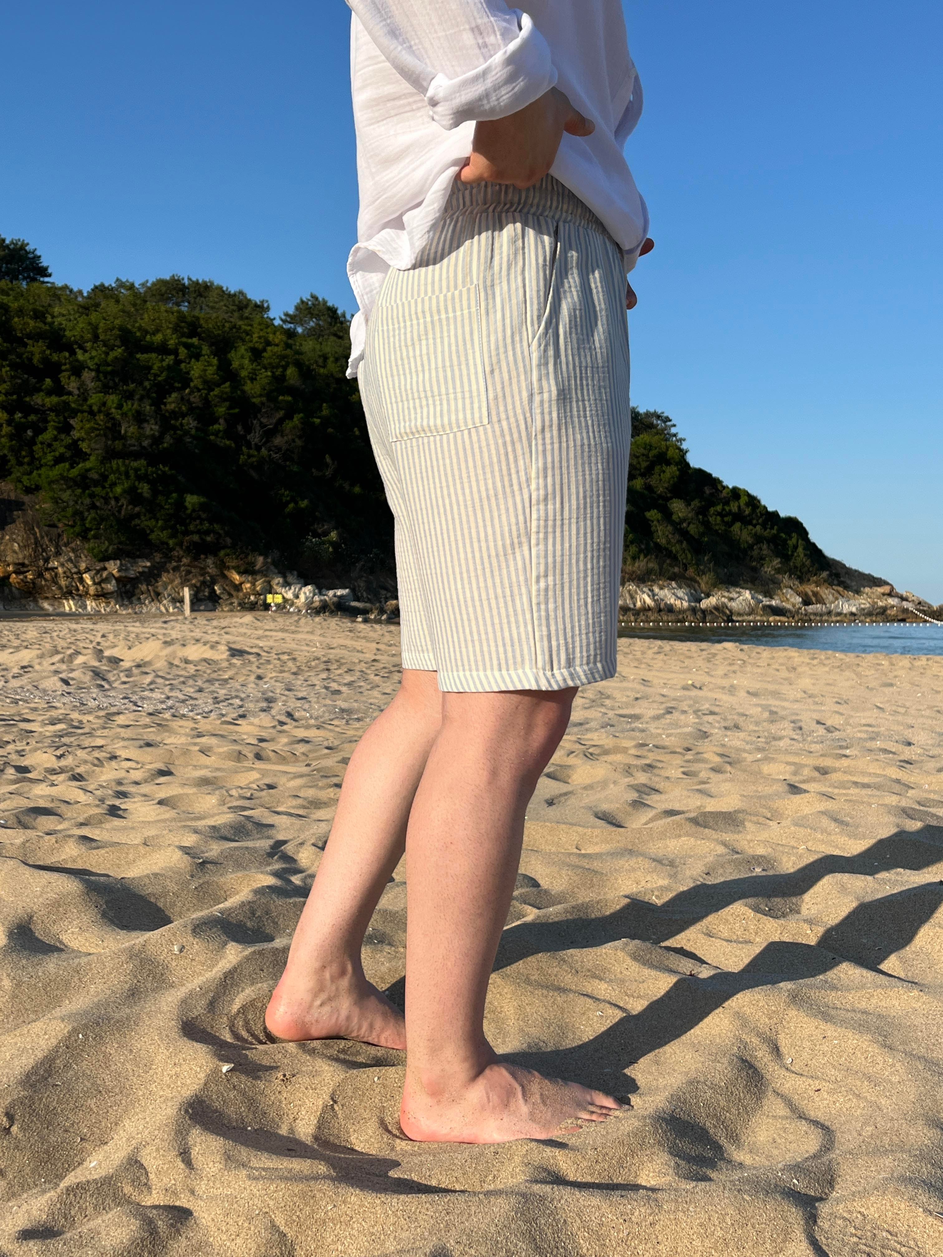 Mavi Çizgili Müslin Erkek Şort