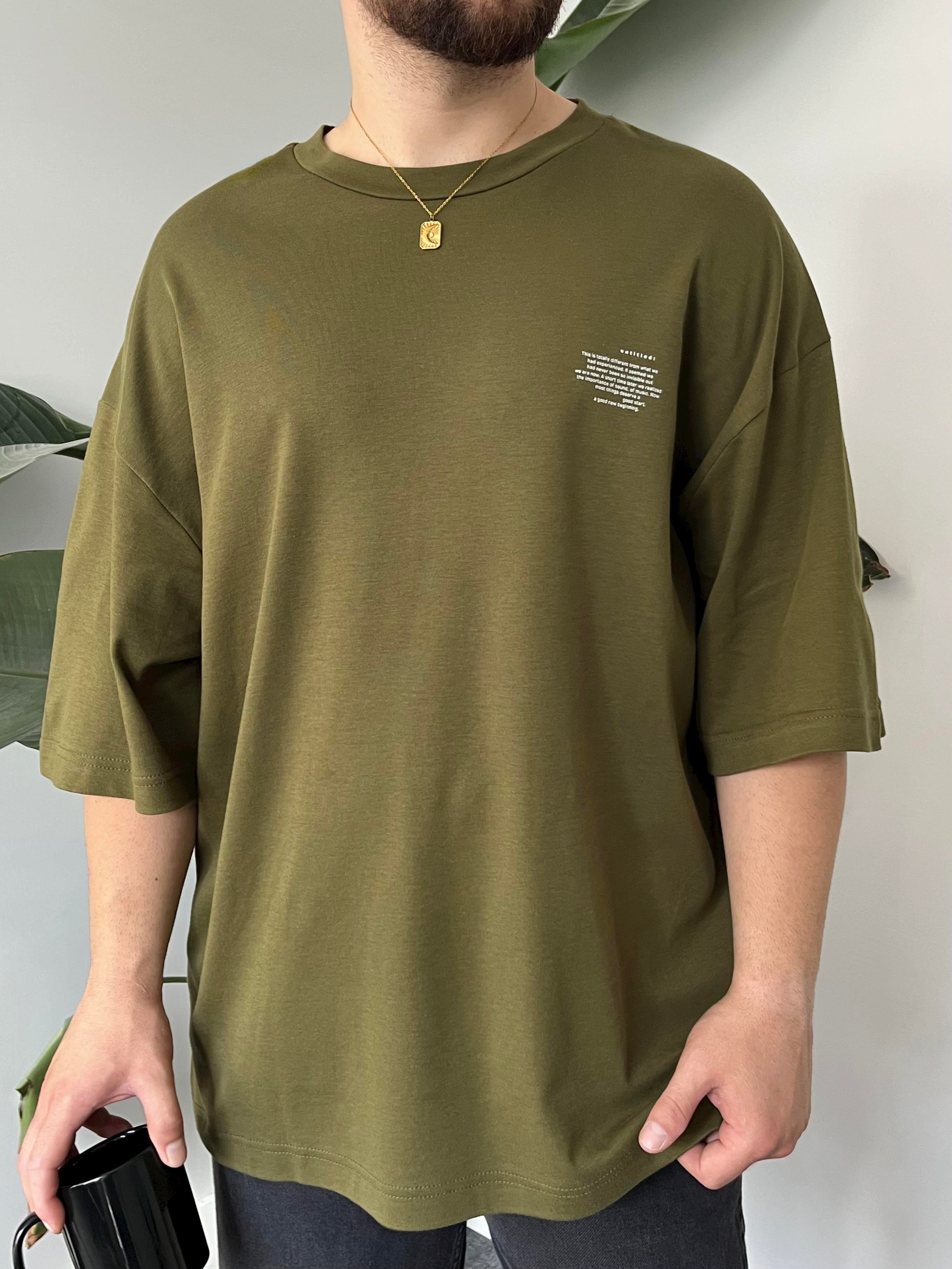 Minimal Yazı Baskı Haki Oversize T-shirt