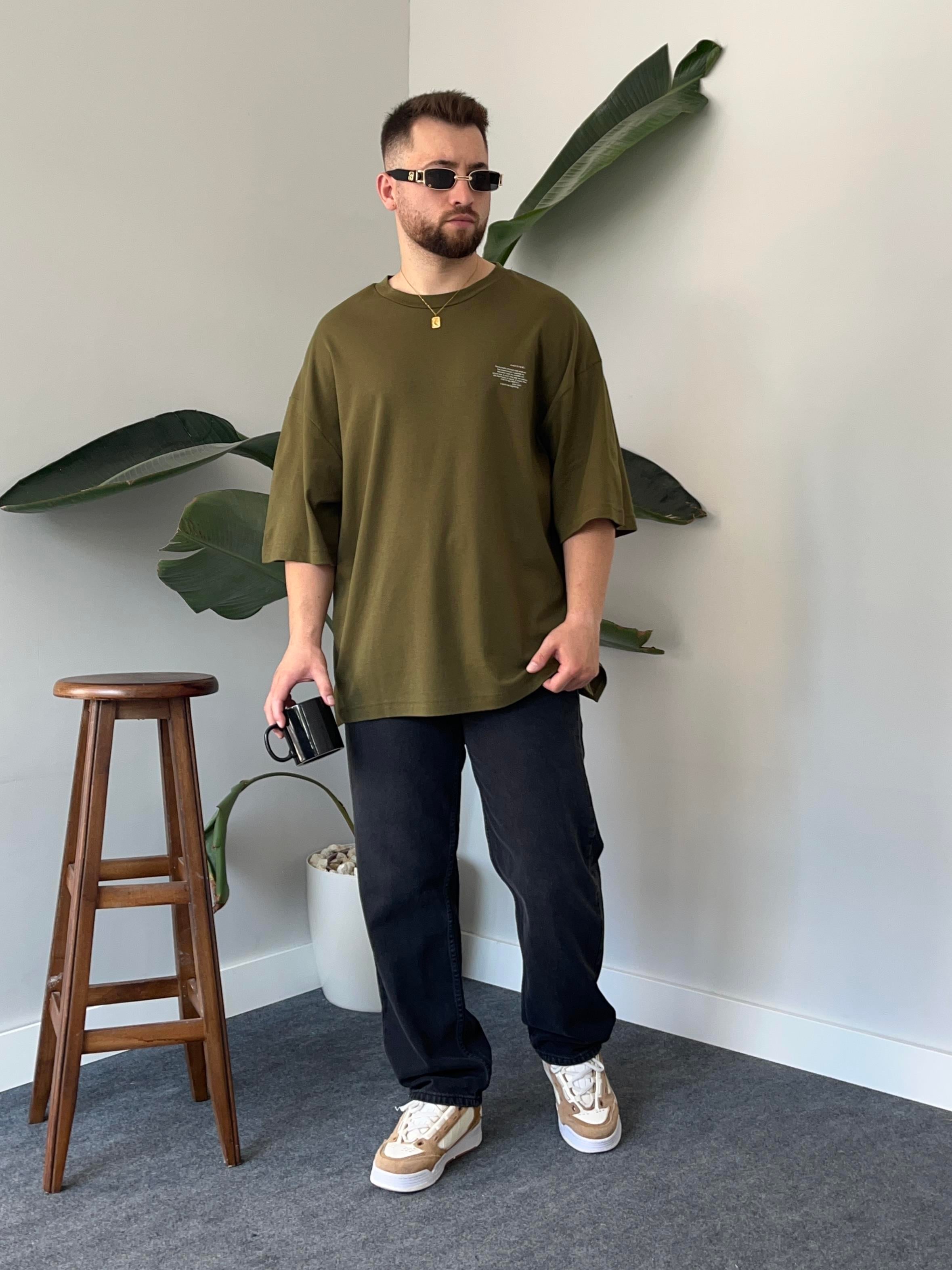 Minimal Yazı Baskı Haki Oversize T-shirt