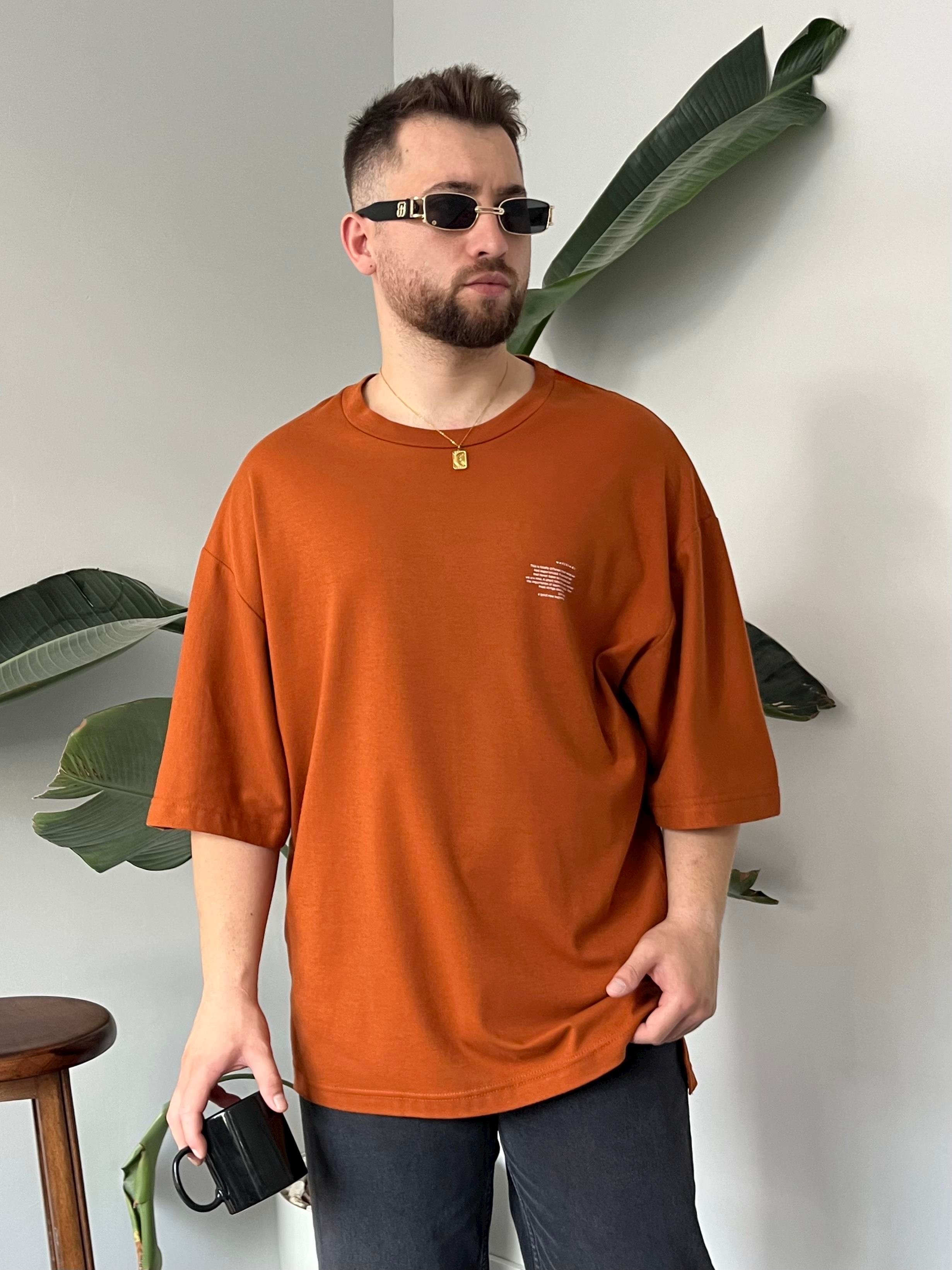 Minimal Yazı Baskı Kiremit Oversize T-shirt