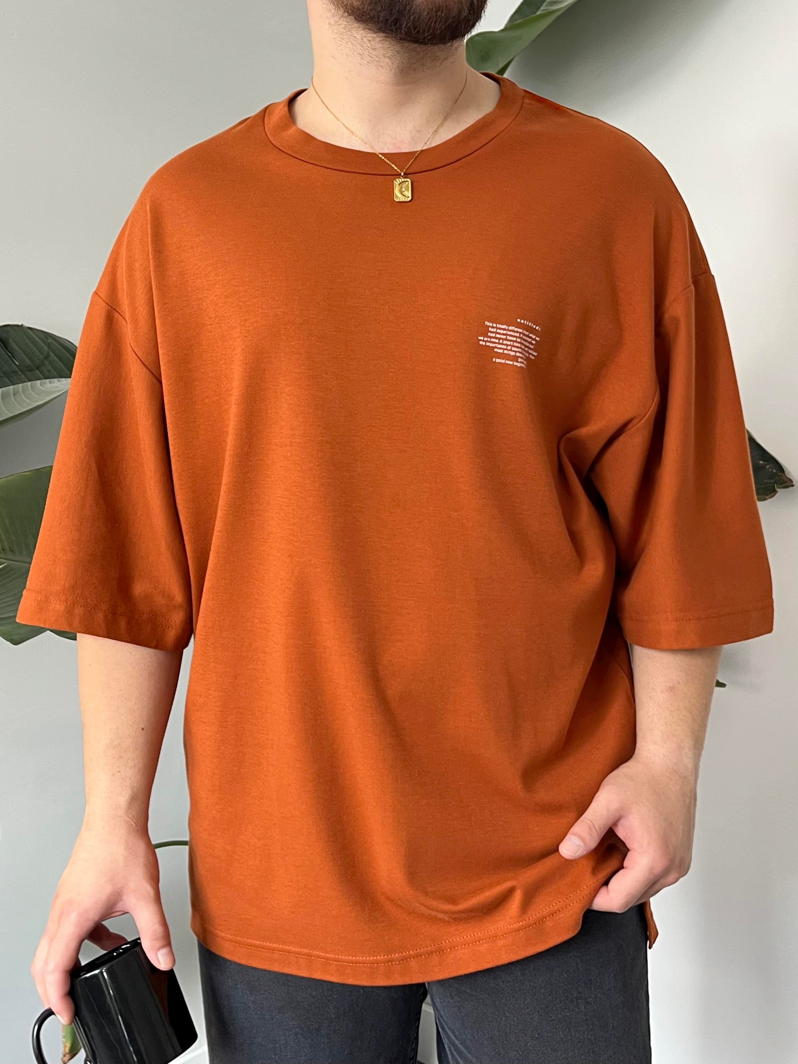 Minimal Yazı Baskı Kiremit Oversize T-shirt