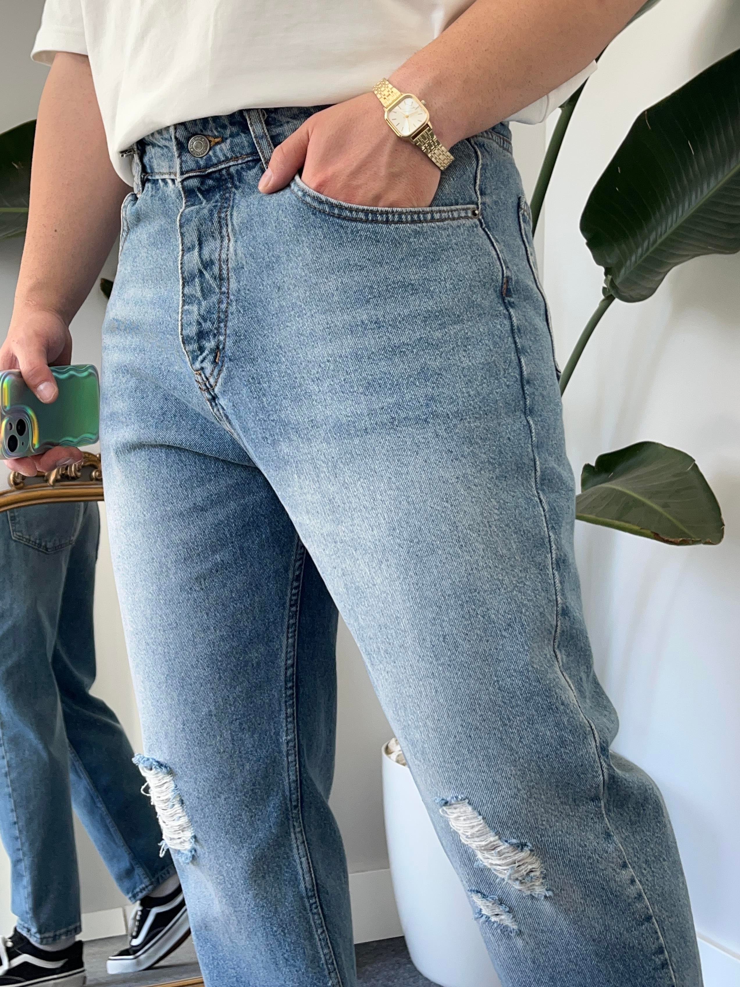Minimal Yırtık Mavi Boyfriend Jean