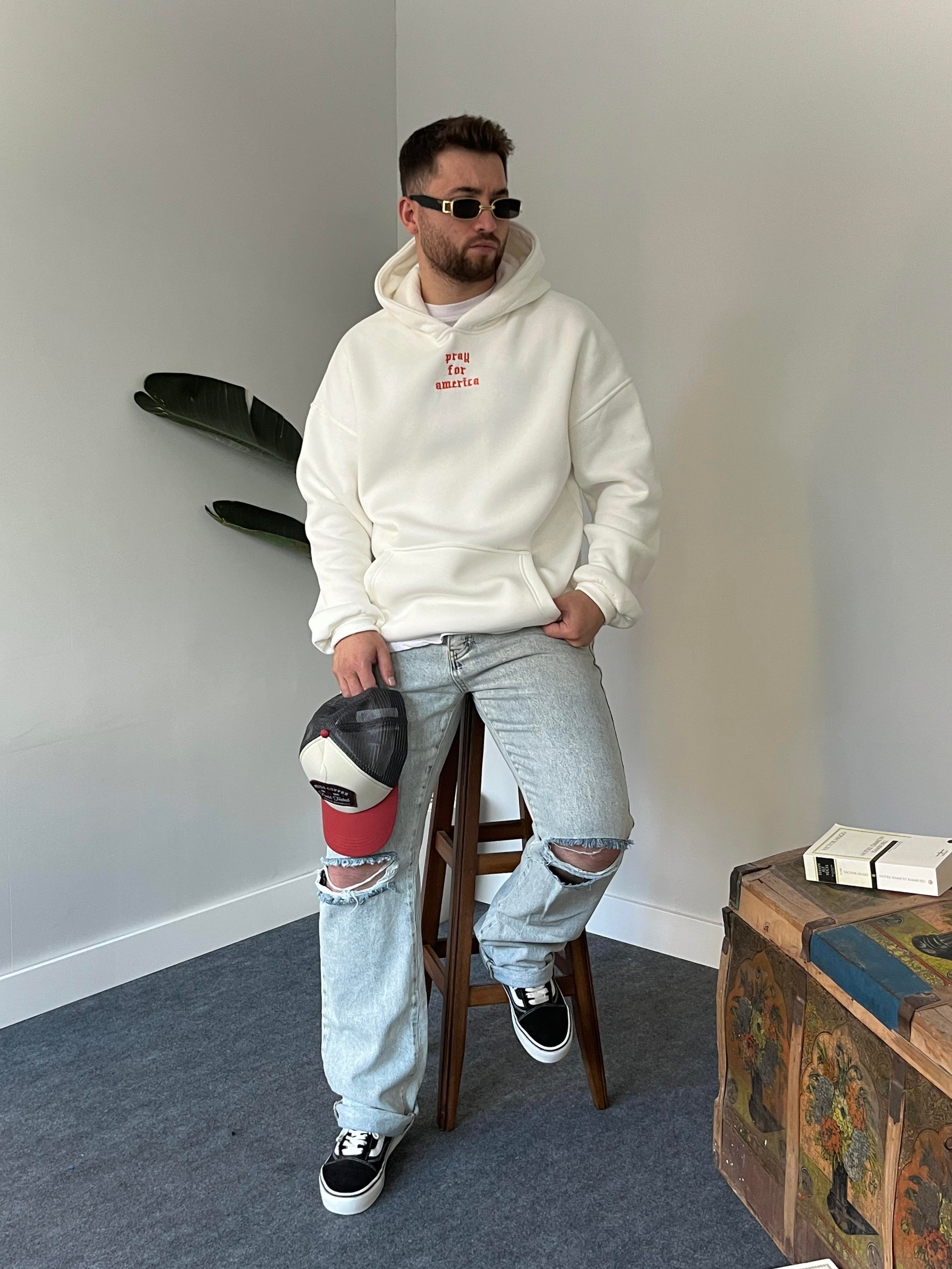 Nakışlı Beyaz Hoodie