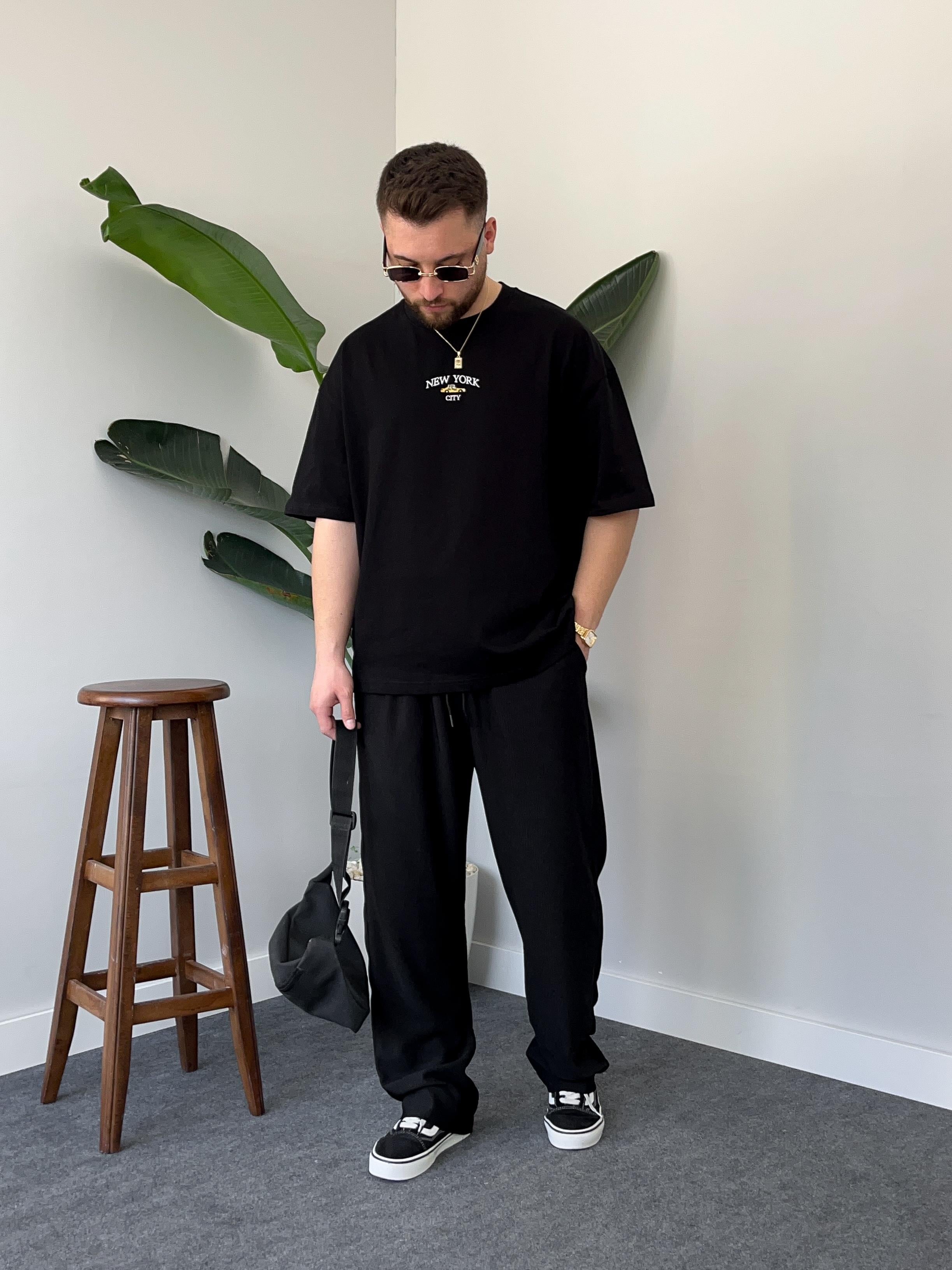 New York Nakışlı Siyah Oversize  T-shirt