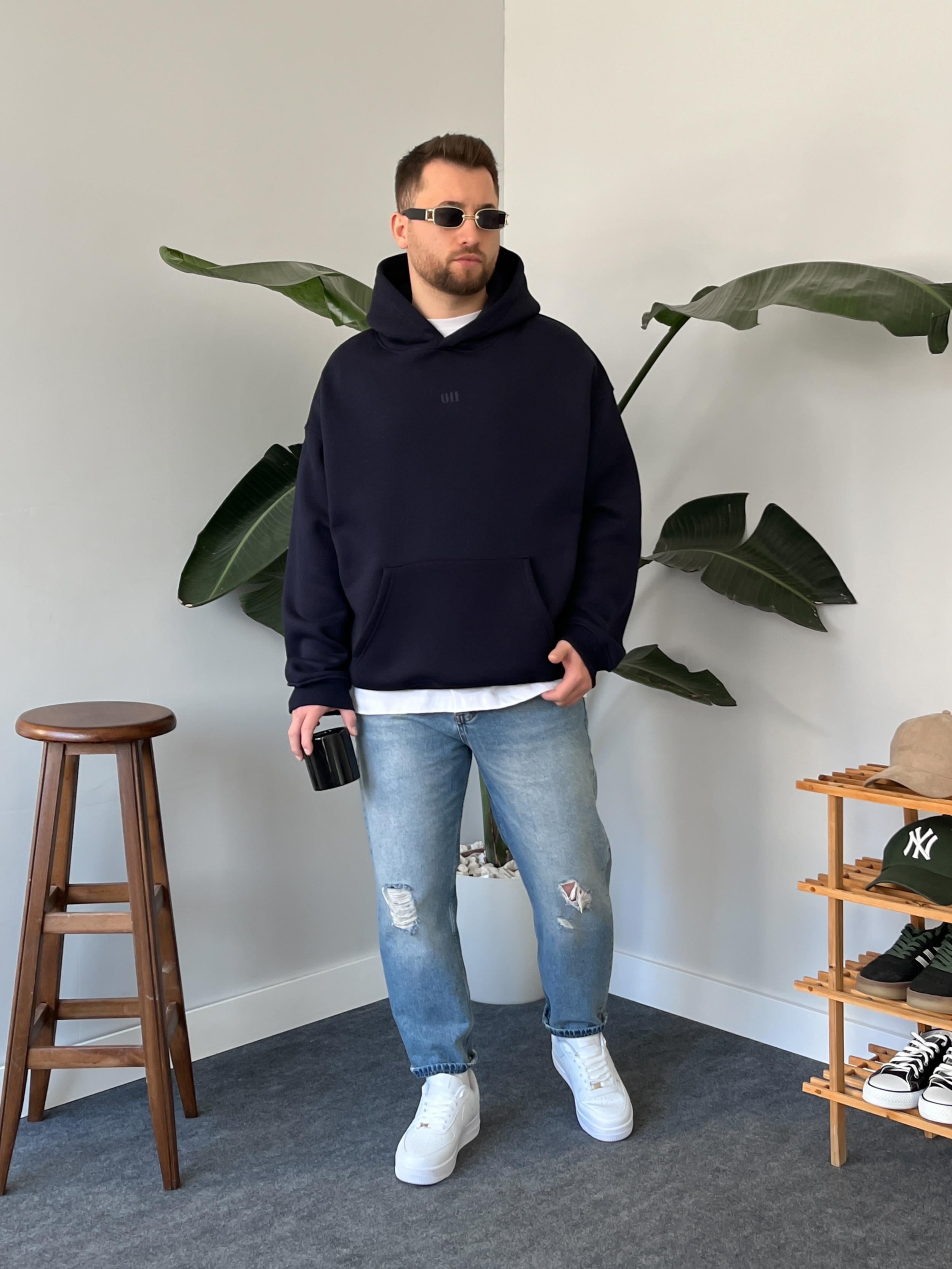 Oasis Lacivert Üç İplik Şardonlu Oversize Hoodie