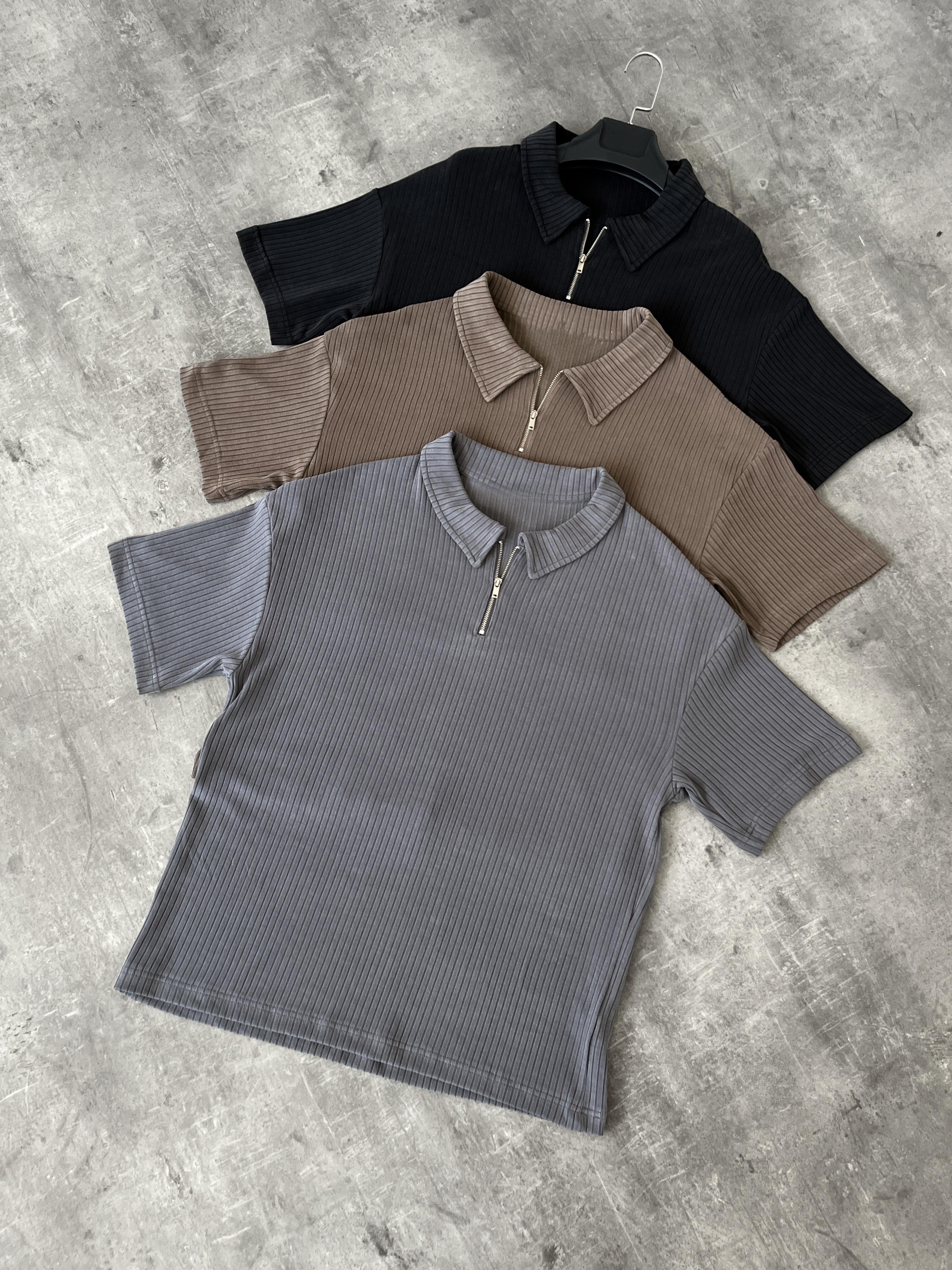 Onyx Gri Yıkamalı Polo Yaka Yarım Fermuar T-Shirt