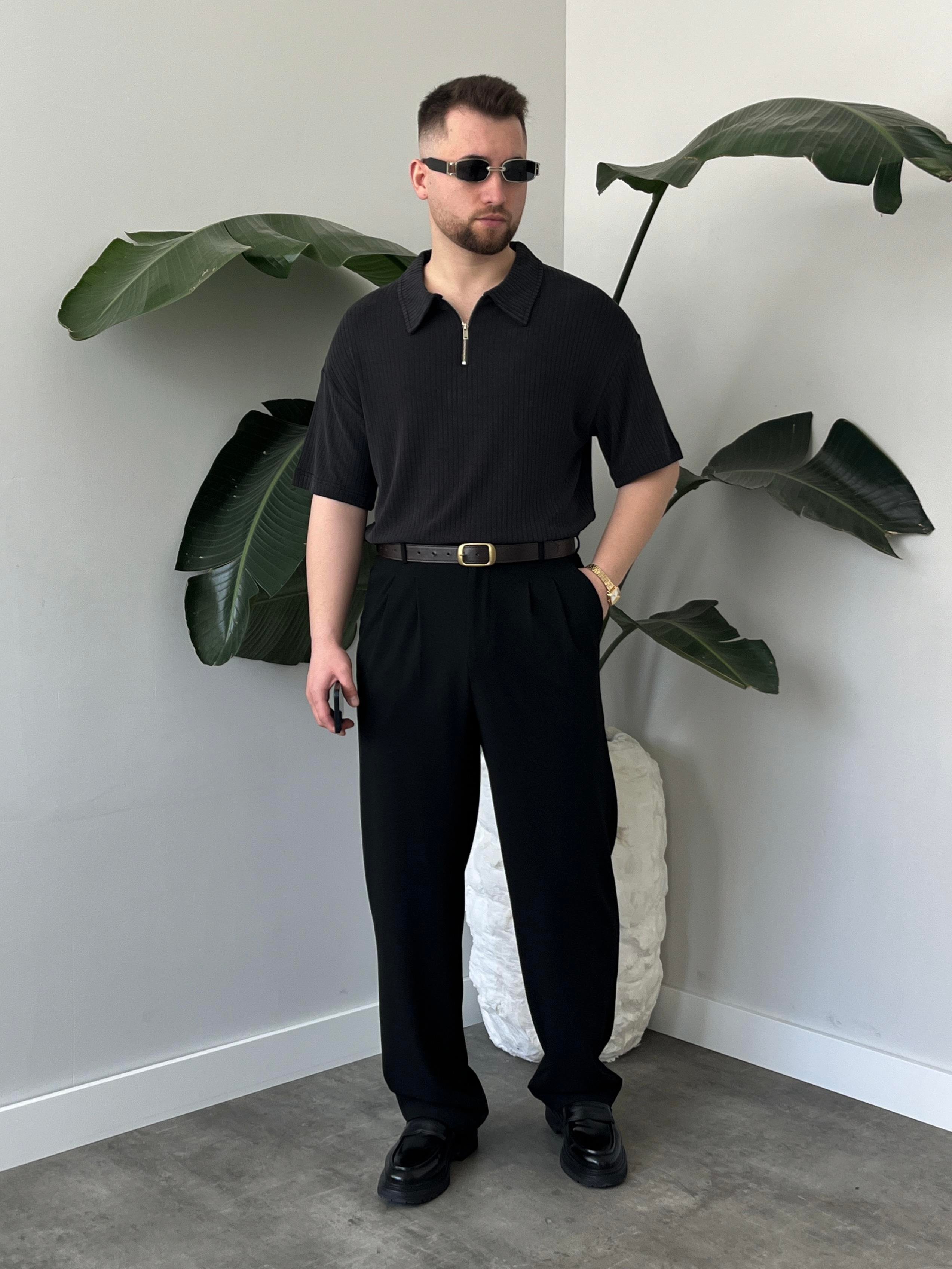 Onyx Siyah Yıkamalı Polo Yaka Yarım Fermuar T-Shirt