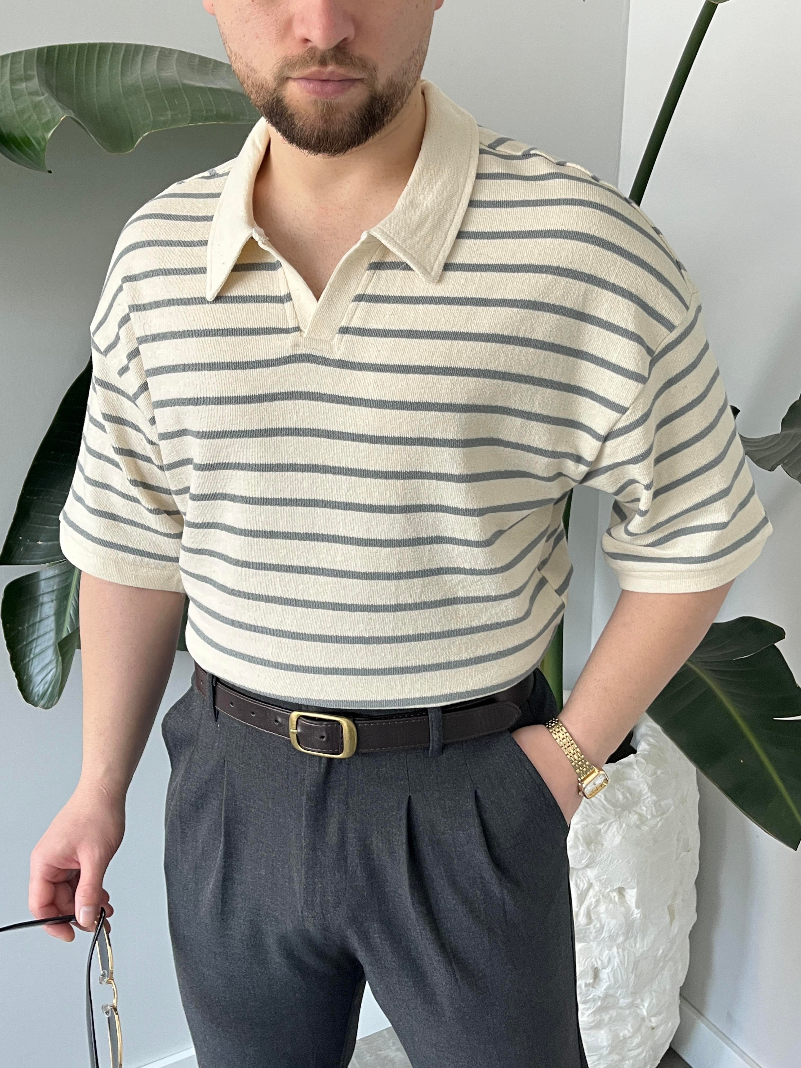Oslo Gri Çizgili Polo Yaka Oversize T-shirt