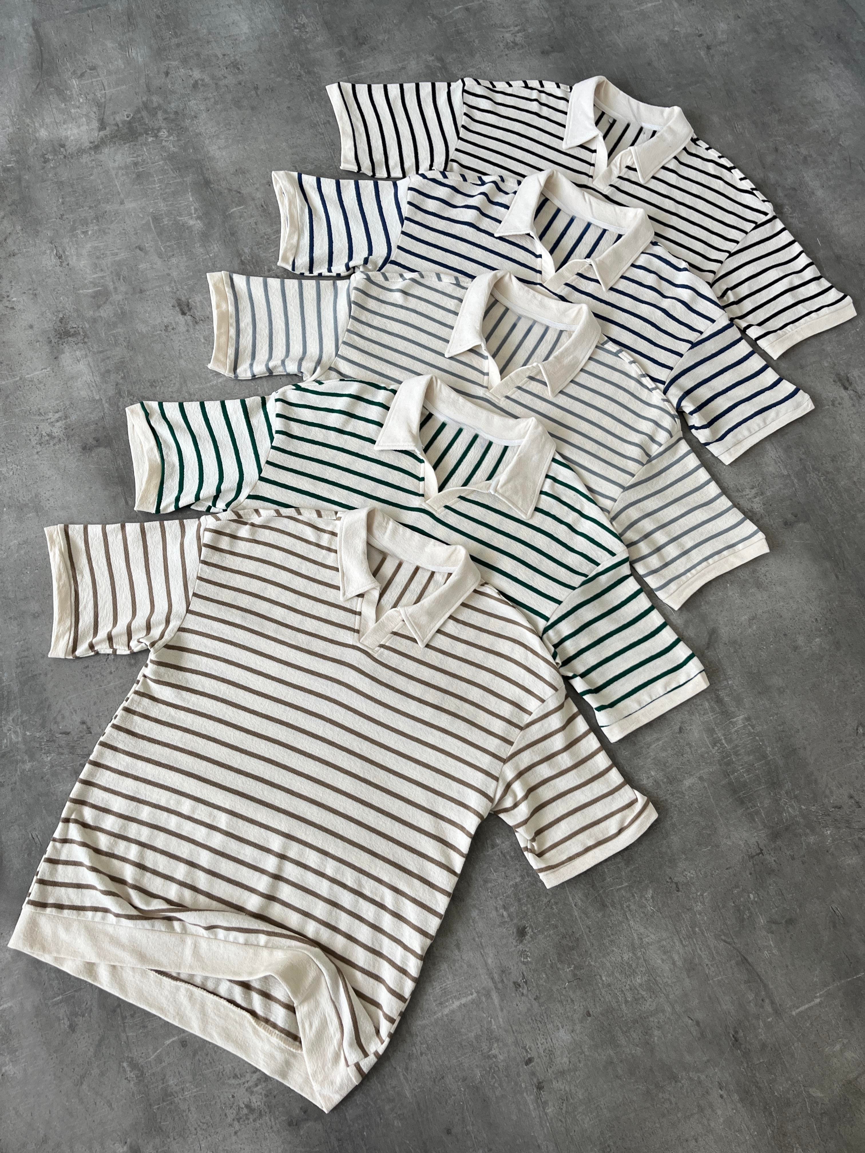 Oslo Gri Çizgili Polo Yaka Oversize T-shirt