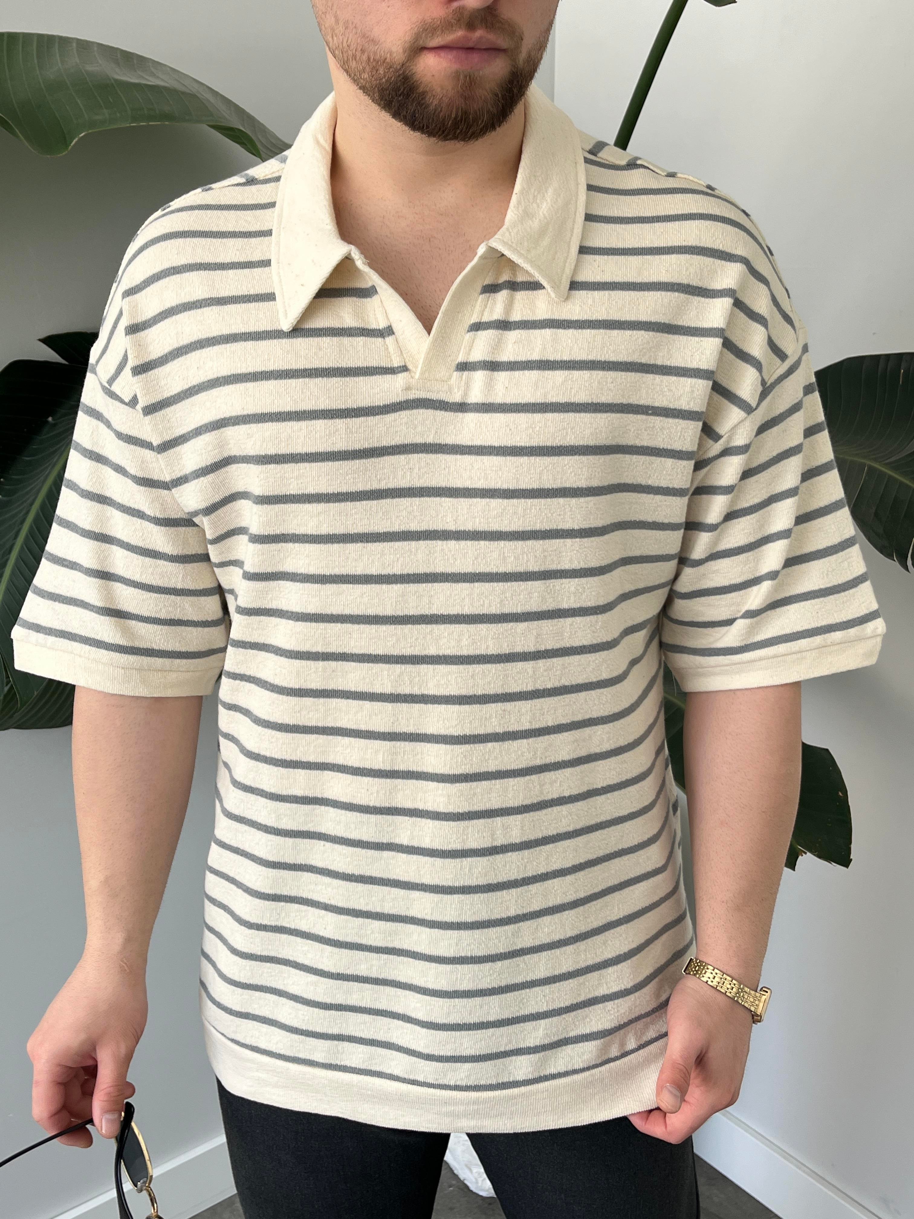 Oslo Gri Çizgili Polo Yaka Oversize T-shirt