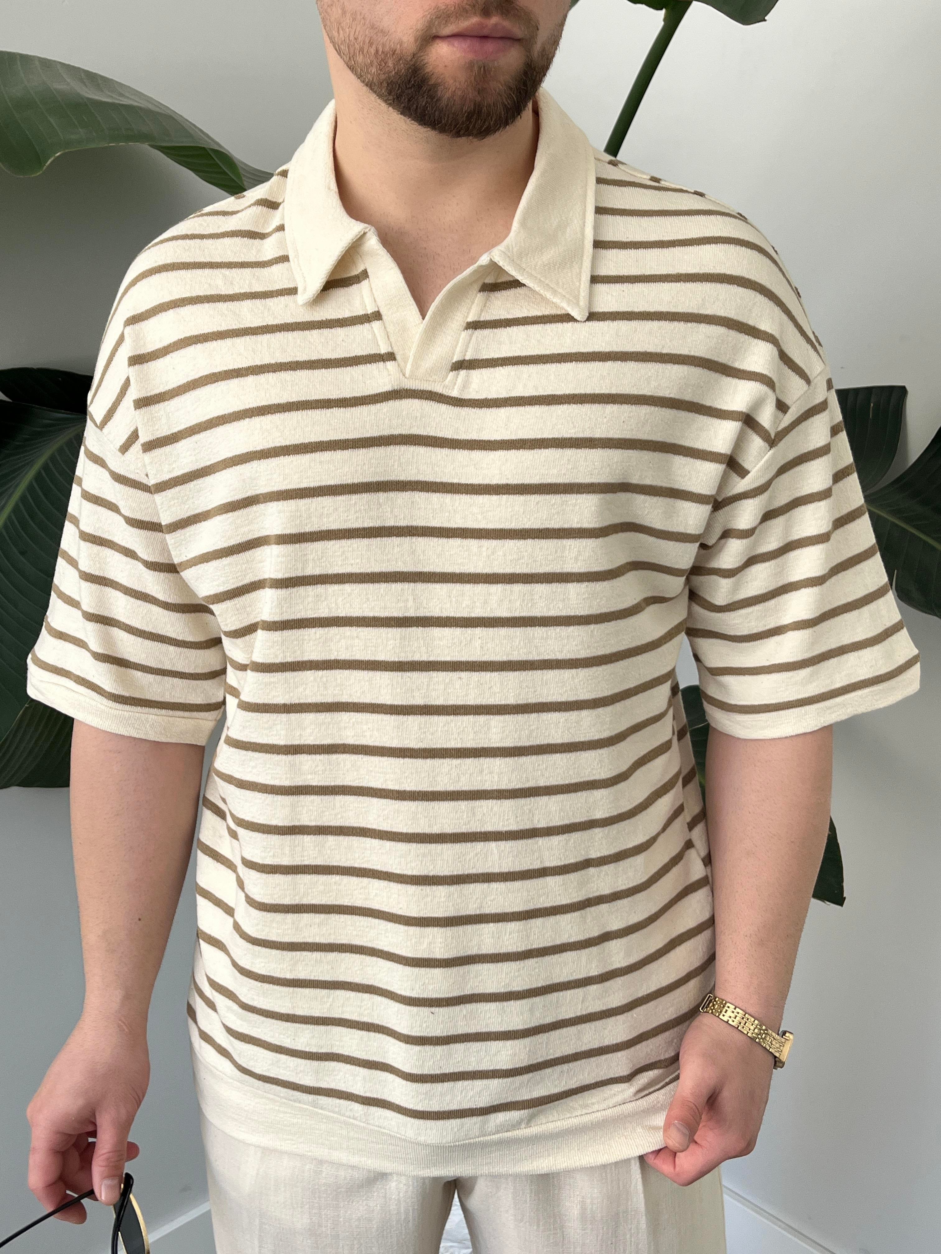 Oslo Kahve Çizgili Polo Yaka Oversize T-shirt
