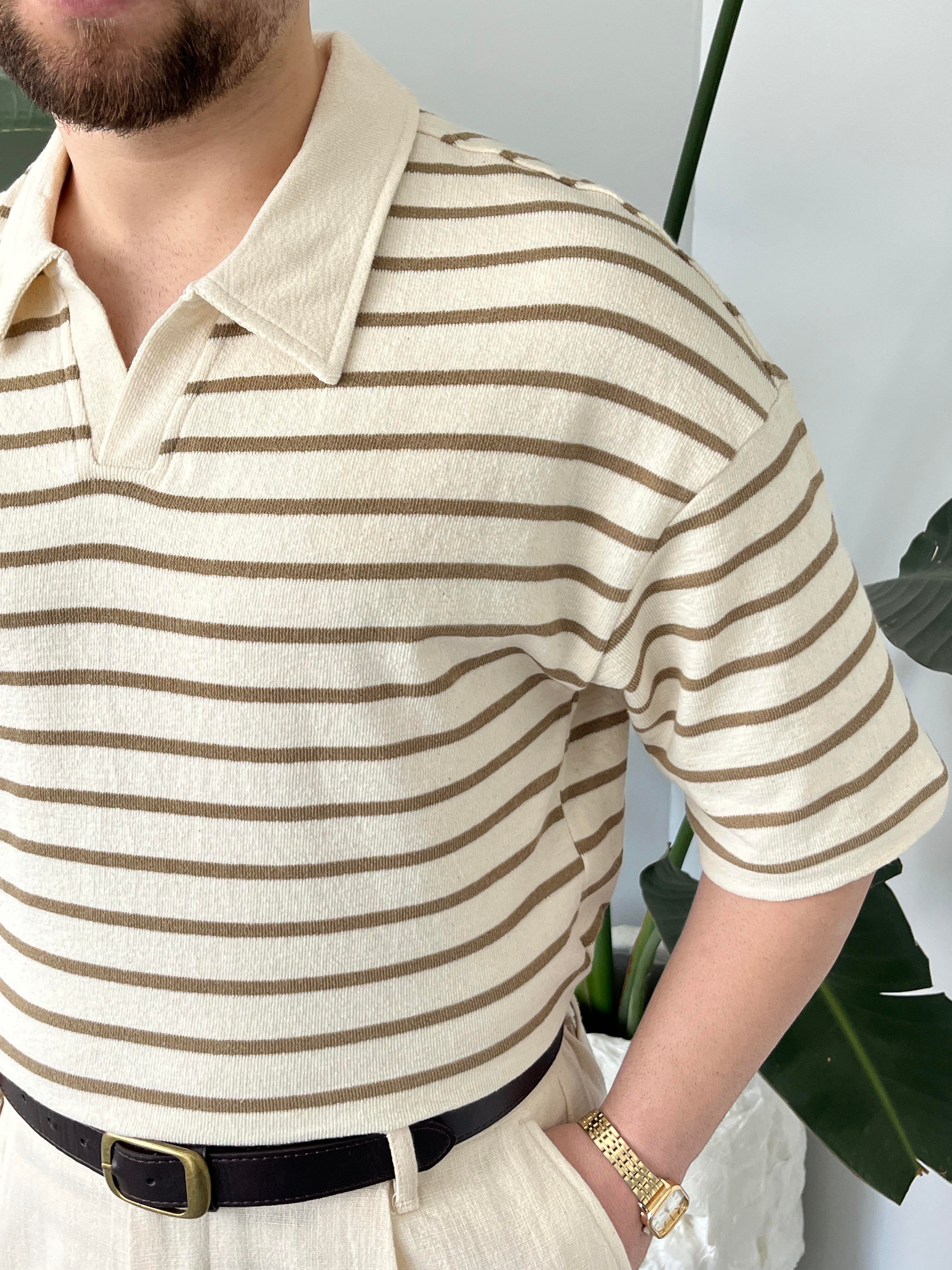 Oslo Kahve Çizgili Polo Yaka Oversize T-shirt
